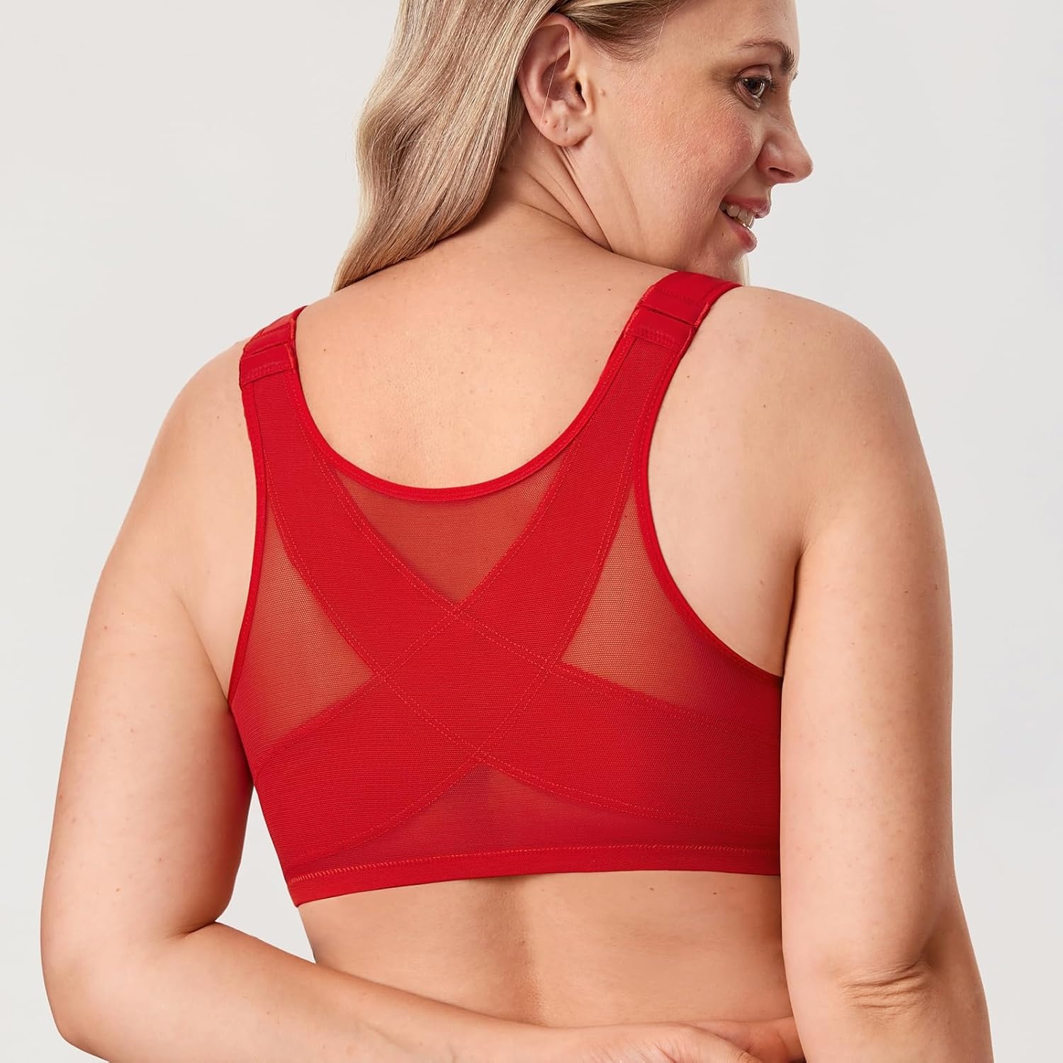 image:imageDELIMIRA Womens Front Closure Bras Posture Full Coverage Plus Size Underwire Unlined Back Support Plunge Seamless Bra BHLipstick Red