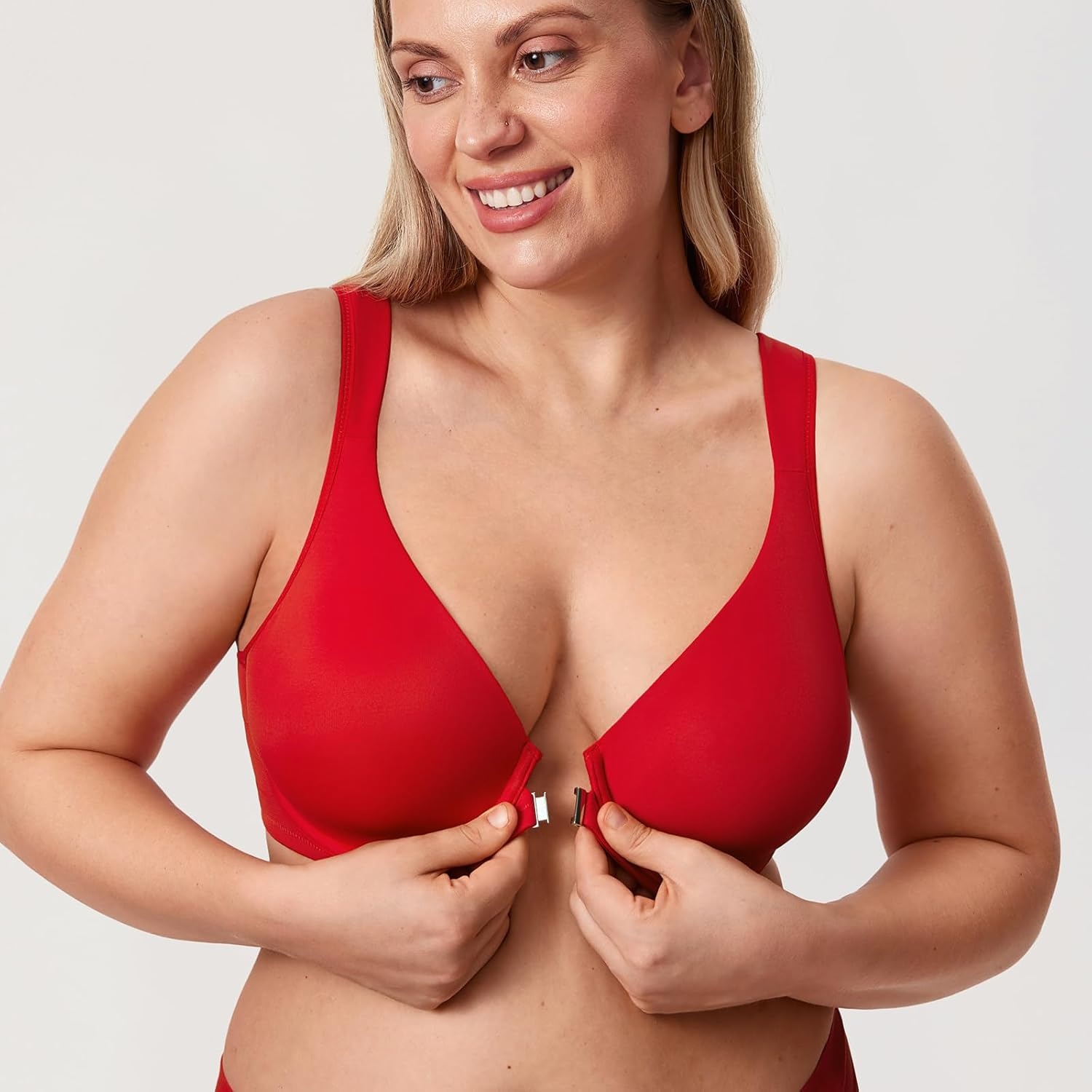 image:imageDELIMIRA Womens Front Closure Bras Posture Full Coverage Plus Size Underwire Unlined Back Support Plunge Seamless Bra BHLipstick Red