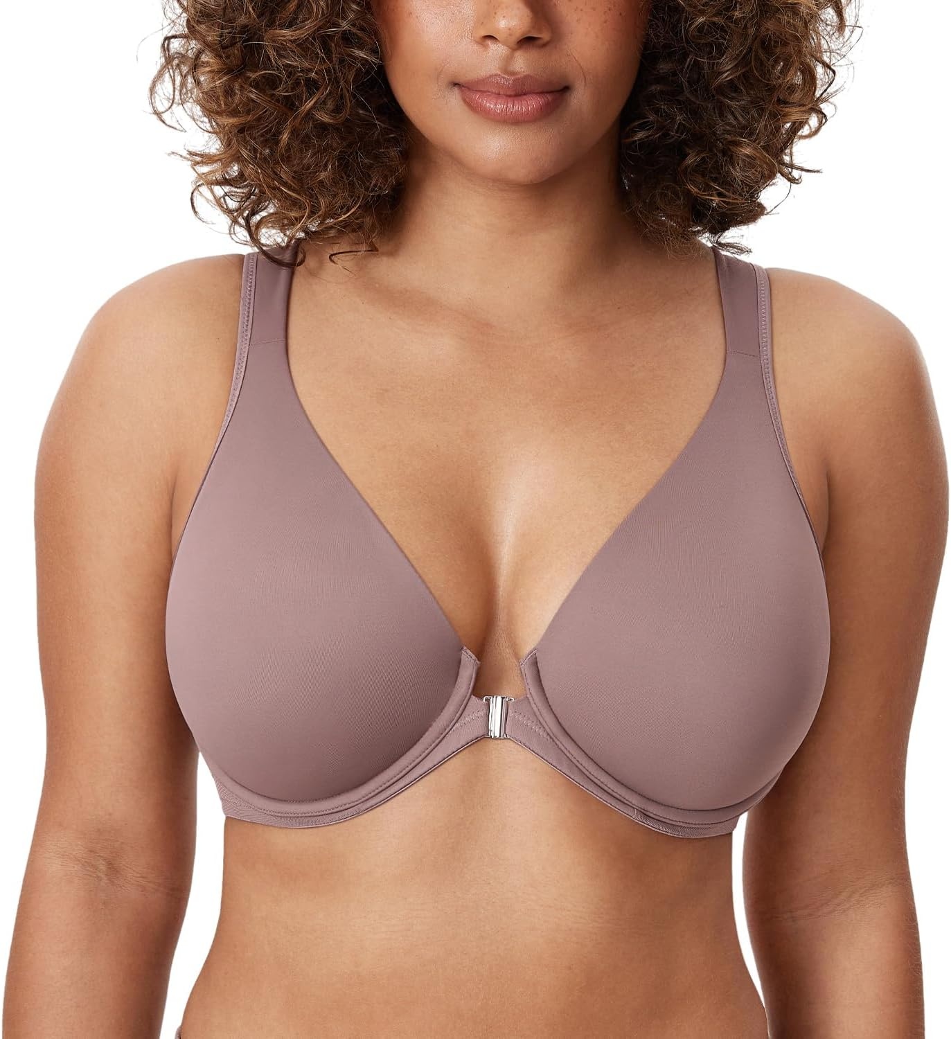 image:imageDELIMIRA Womens Front Closure Bras Posture Full Coverage Plus Size Underwire Unlined Back Support Plunge Seamless Bra BHMochaccino