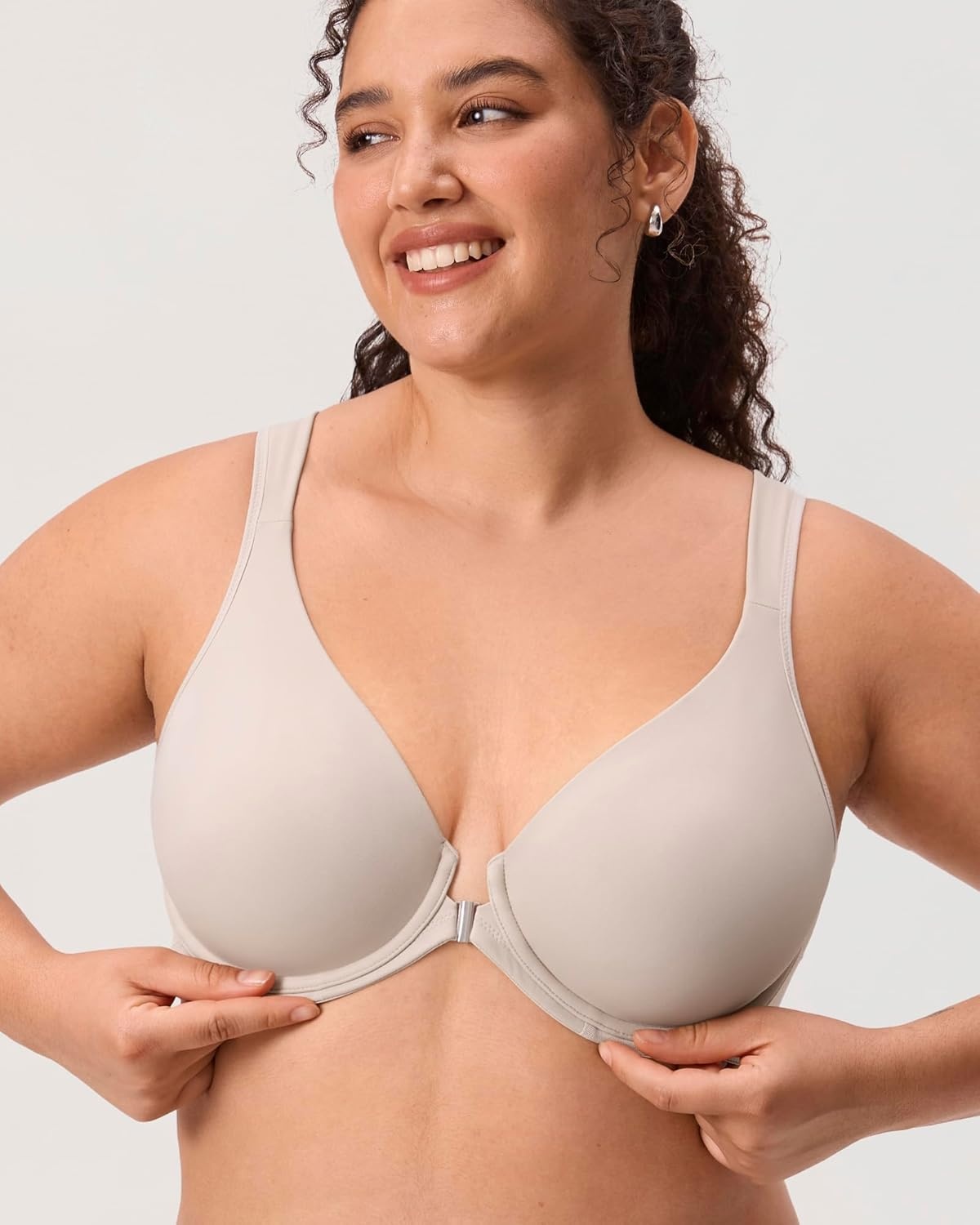 image:imageDELIMIRA Womens Front Closure Bras Posture Full Coverage Plus Size Underwire Unlined Back Support Plunge Seamless Bra BHVanilla White