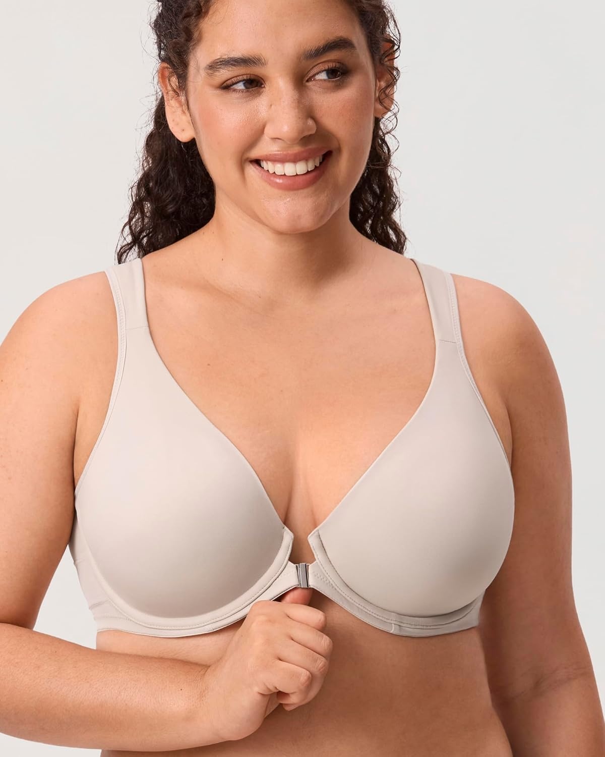 image:imageDELIMIRA Womens Front Closure Bras Posture Full Coverage Plus Size Underwire Unlined Back Support Plunge Seamless Bra BHVanilla White