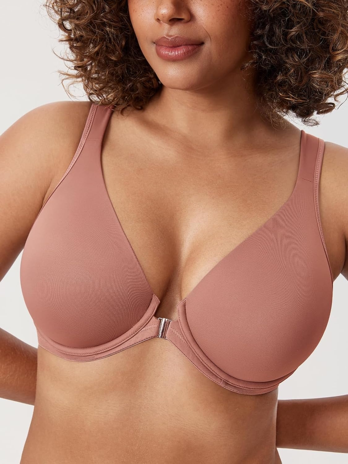 image:imageDELIMIRA Womens Front Closure Bras Posture Full Coverage Plus Size Underwire Unlined Back Support Plunge Seamless Bra BHVintage Rose