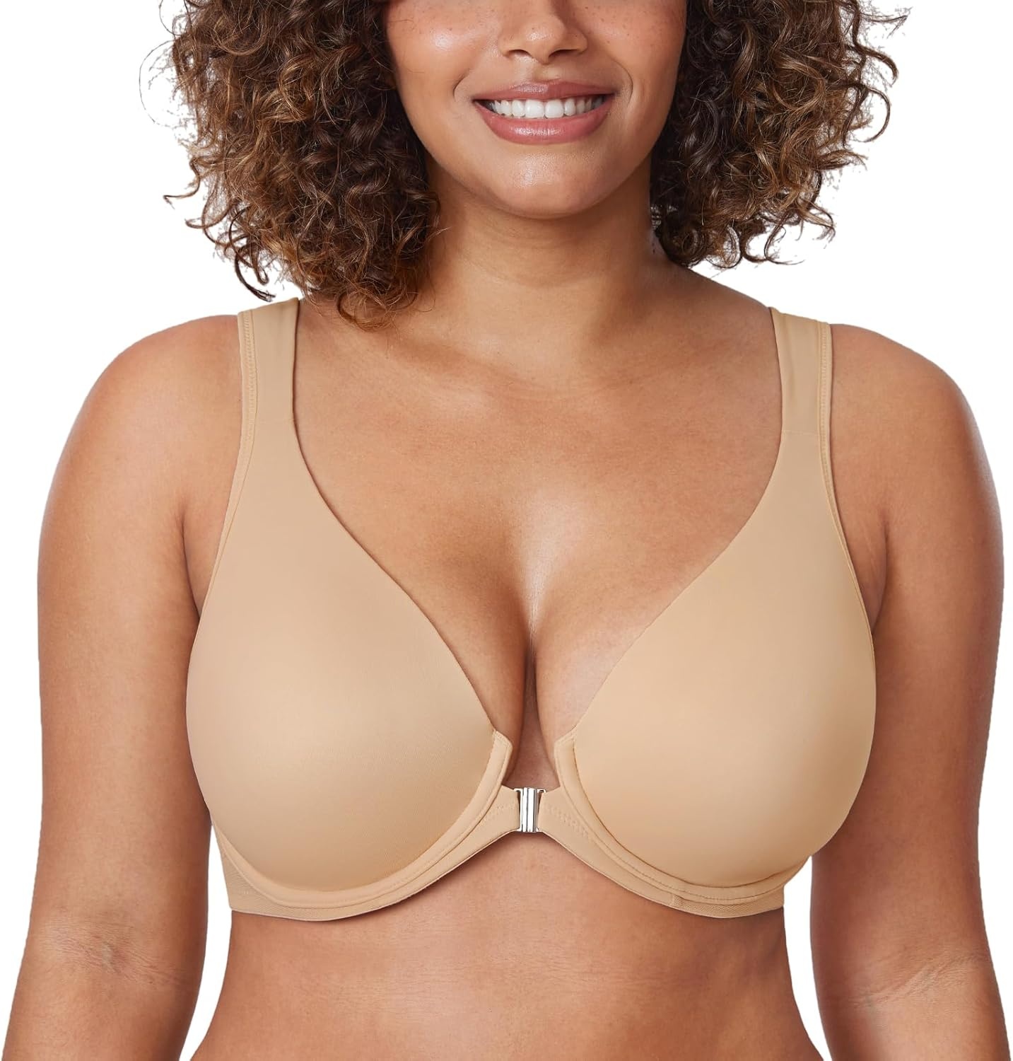 image:imageDELIMIRA Womens Front Closure Bras Posture Full Coverage Plus Size Underwire Unlined Back Support Plunge Seamless Bra BHWarm Beige