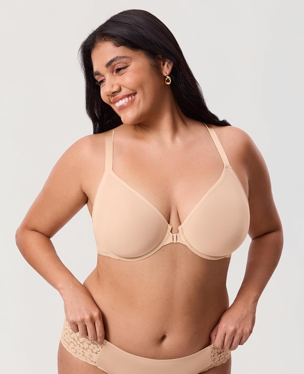 image:imageDELIMIRA Womens Front Closure Bras Racerback Sheer See Through Full Coverage Plus Size Underwire Unlined BraBeige