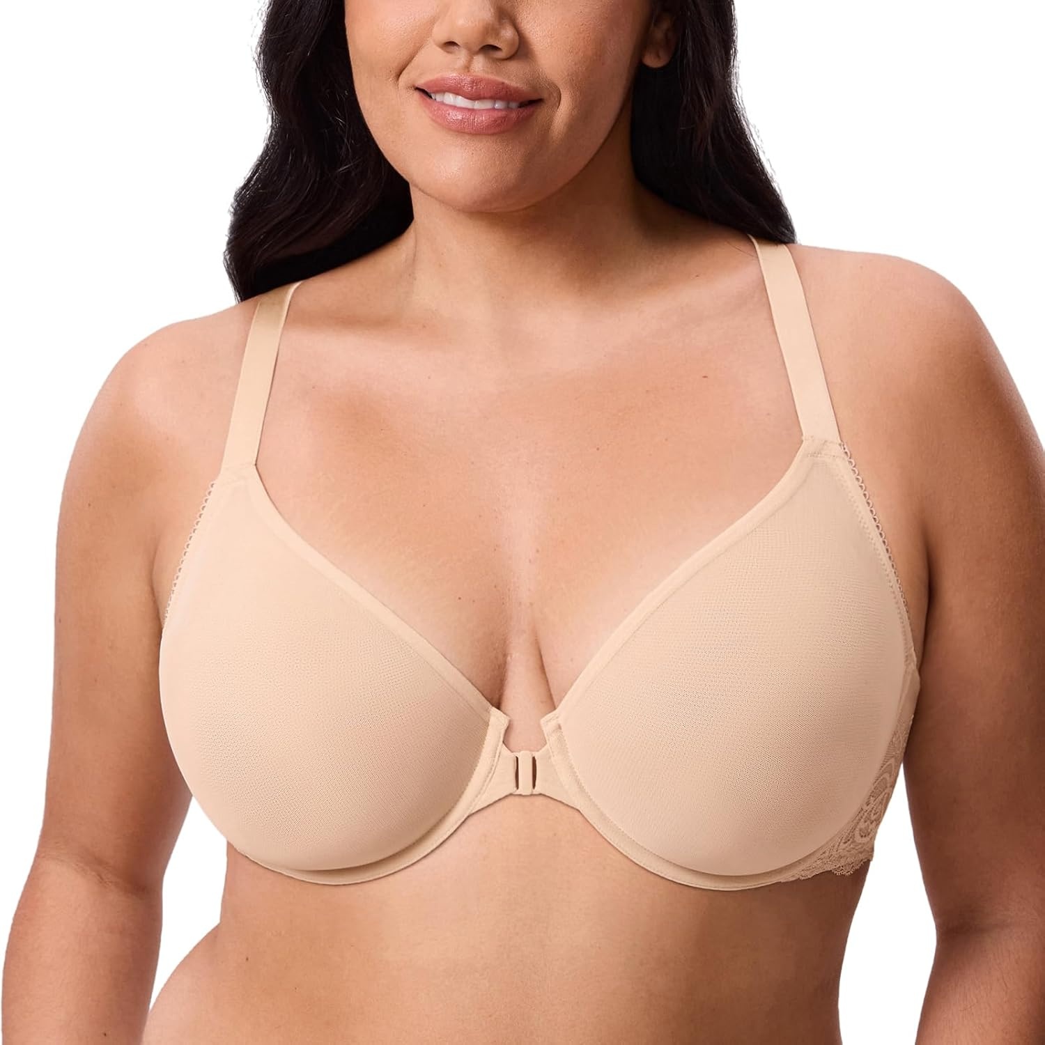 image:imageDELIMIRA Womens Front Closure Bras Racerback Sheer See Through Full Coverage Plus Size Underwire Unlined BraBeige