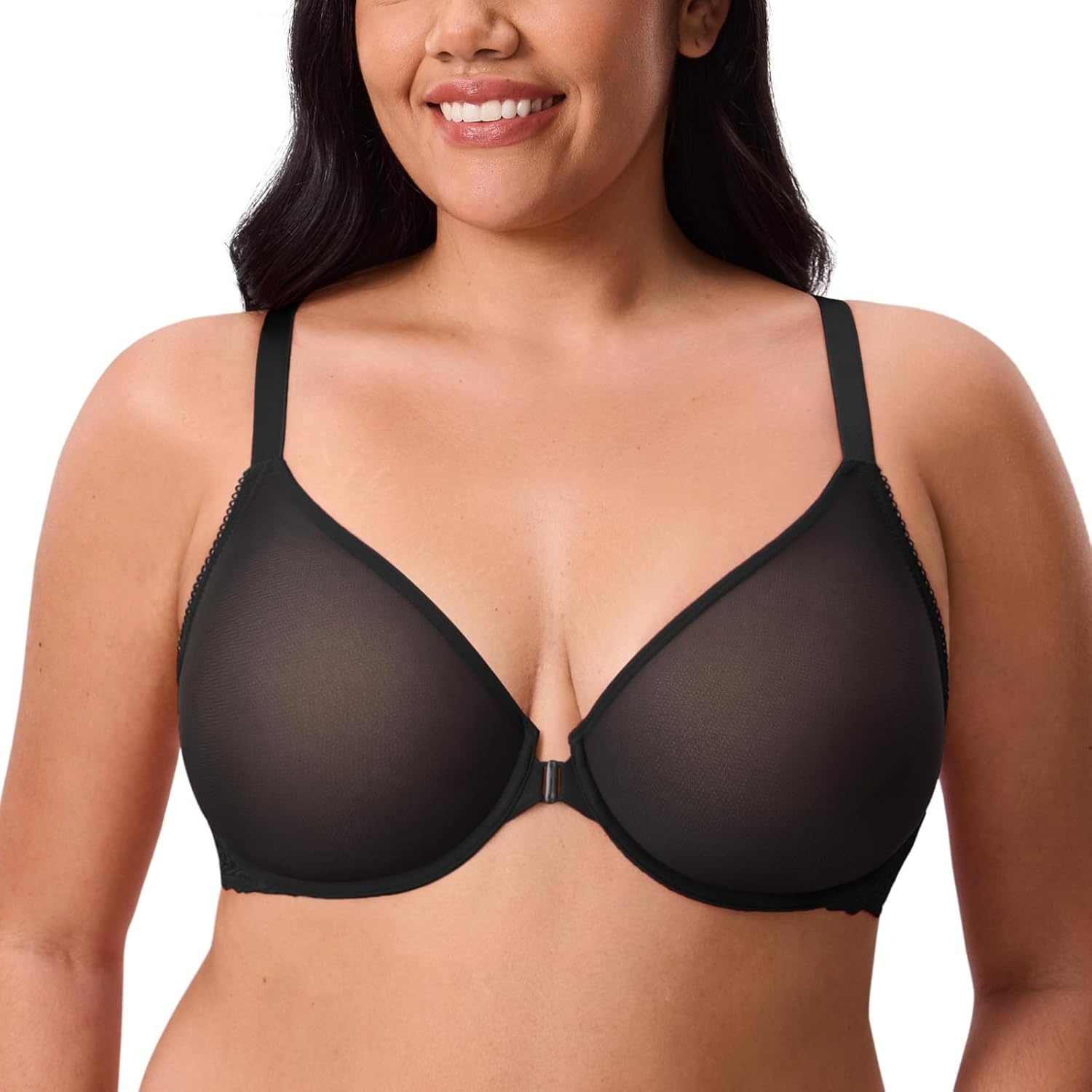 image:imageDELIMIRA Womens Front Closure Bras Racerback Sheer See Through Full Coverage Plus Size Underwire Unlined BraBlack