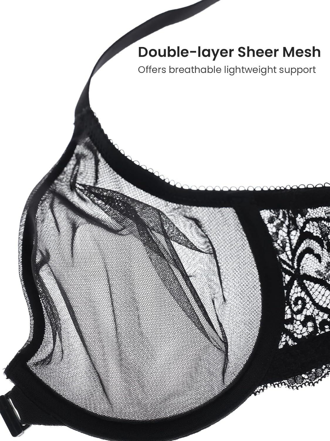 image:imageDELIMIRA Womens Front Closure Bras Racerback Sheer See Through Full Coverage Plus Size Underwire Unlined BraBlack