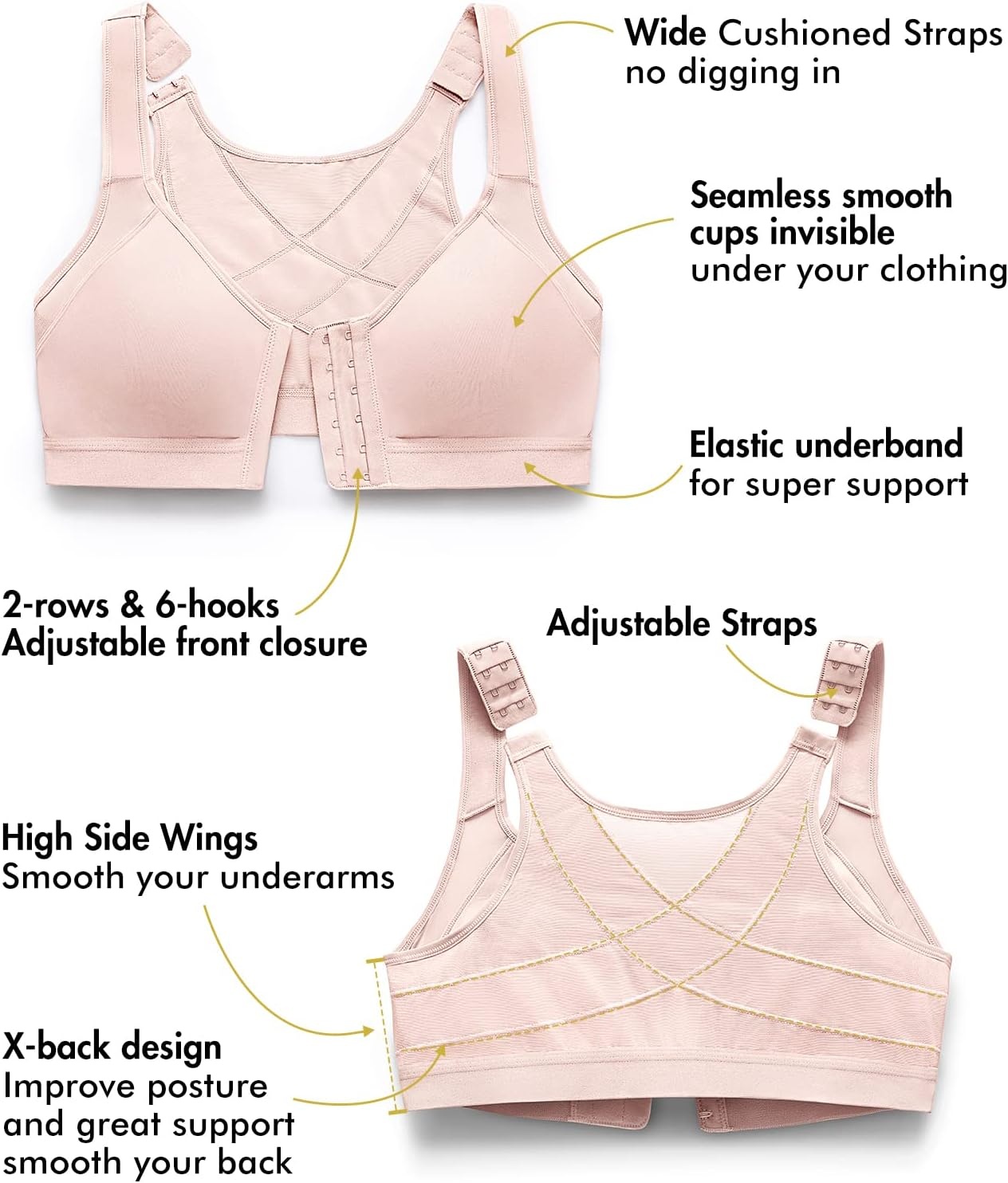 image:imageDELIMIRA Womens Front Closure Posture Wireless Back Support Full Coverage BraApricot Pink