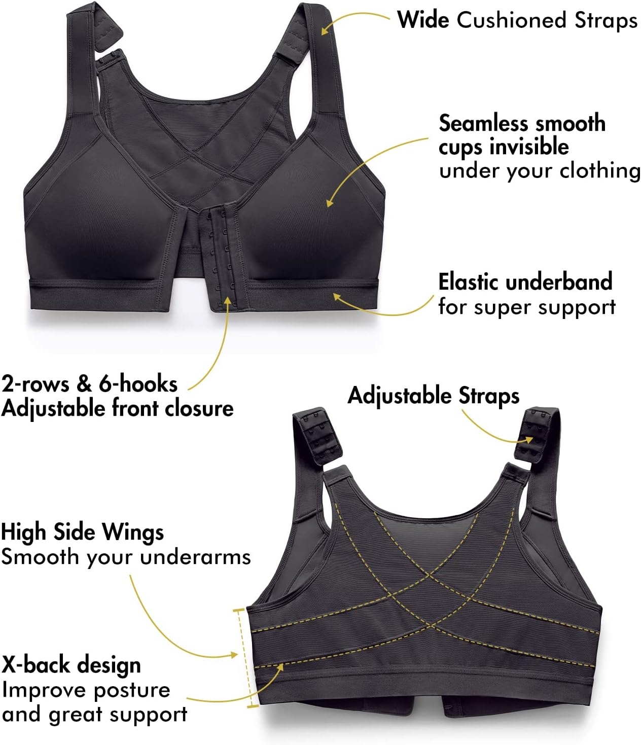 image:imageDELIMIRA Womens Front Closure Posture Wireless Back Support Full Coverage BraBlack