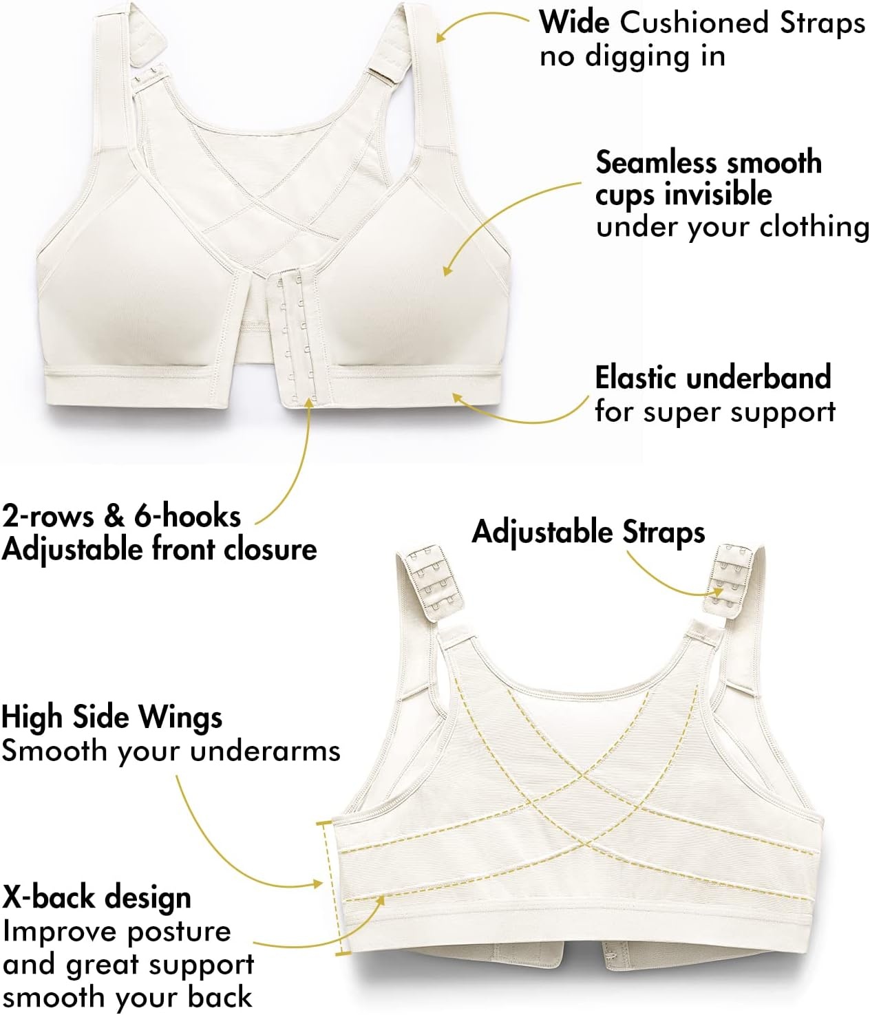 image:imageDELIMIRA Womens Front Closure Posture Wireless Back Support Full Coverage BraIvory