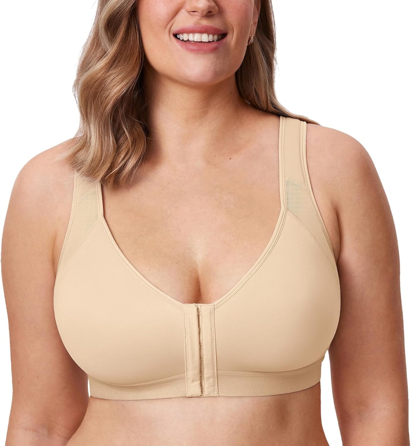 image:imageDELIMIRA Womens Front Closure Posture Wireless Back Support Full Coverage BraLight Oatmeal