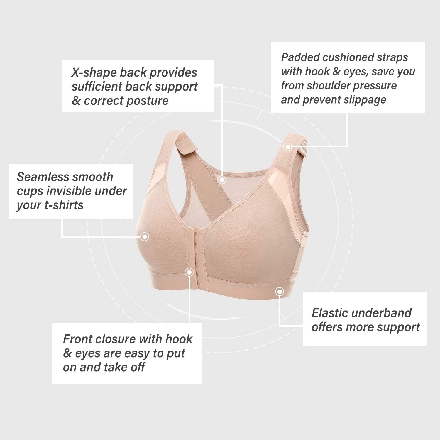 image:imageDELIMIRA Womens Front Closure Posture Wireless Back Support Full Coverage BraOatmeal Heather