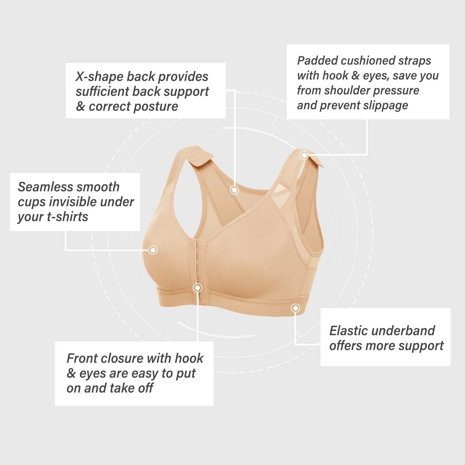 image:imageDELIMIRA Womens Front Closure Posture Wireless Back Support Full Coverage BraTaupe Tan