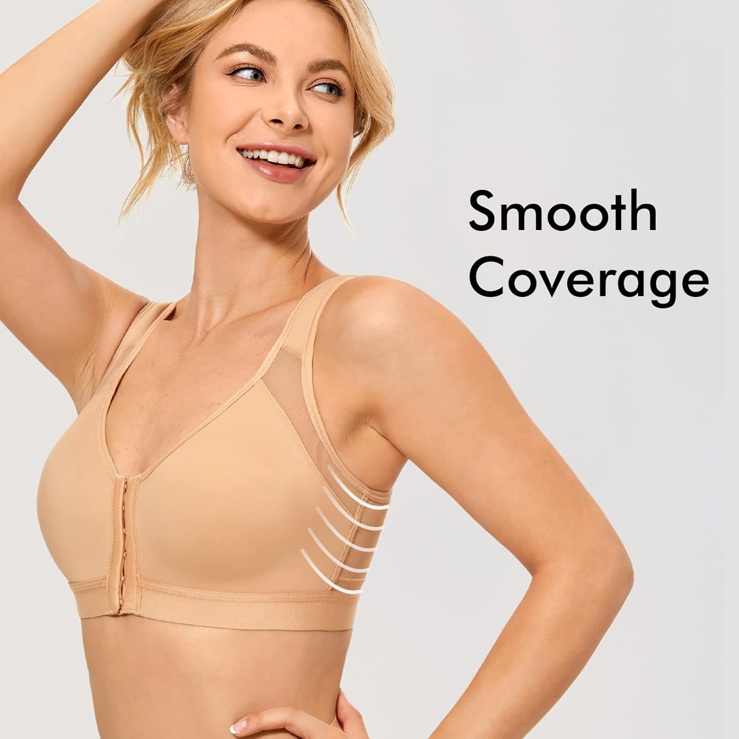 image:imageDELIMIRA Womens Front Closure Posture Wireless Back Support Full Coverage BraTaupe Tan