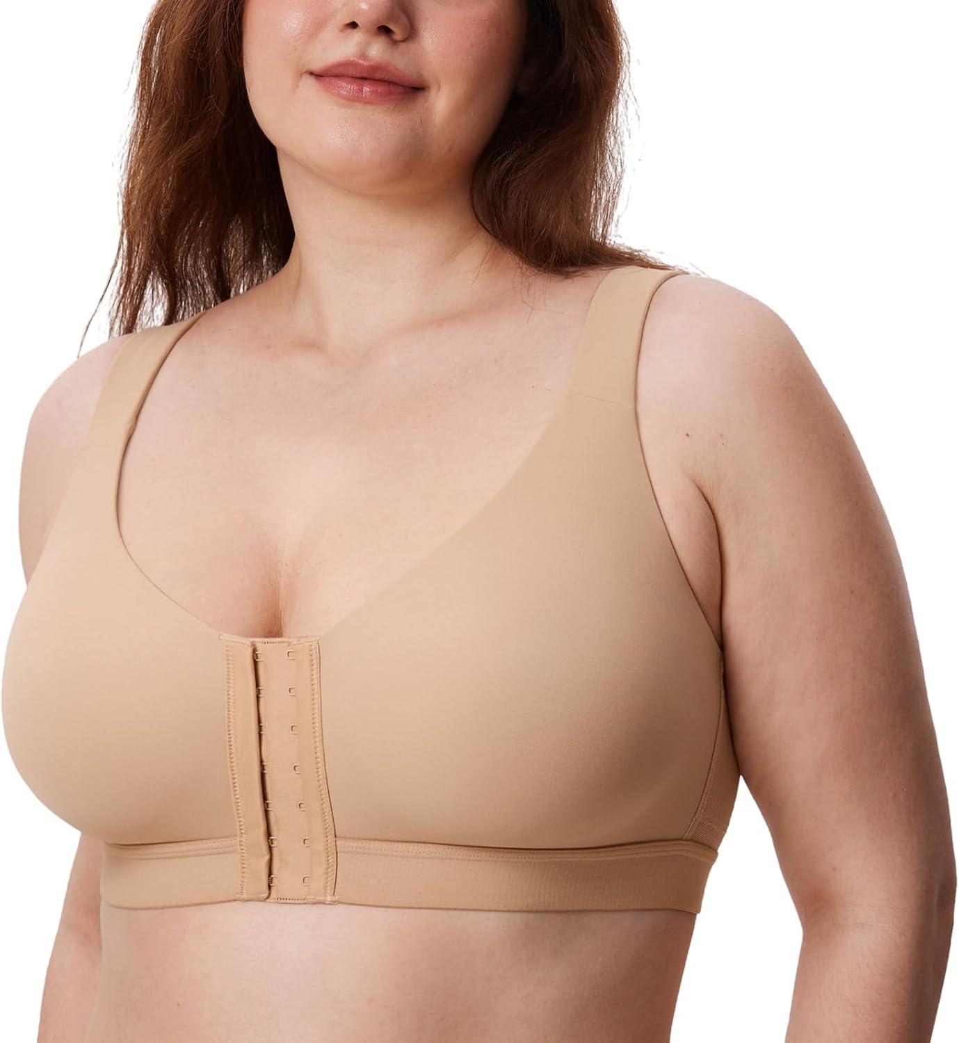image:imageDELIMIRA Womens Inbarely Plus Front Closure Bras Posture Wireless Full Coverage Plus Size Unlined BraWarm Beige