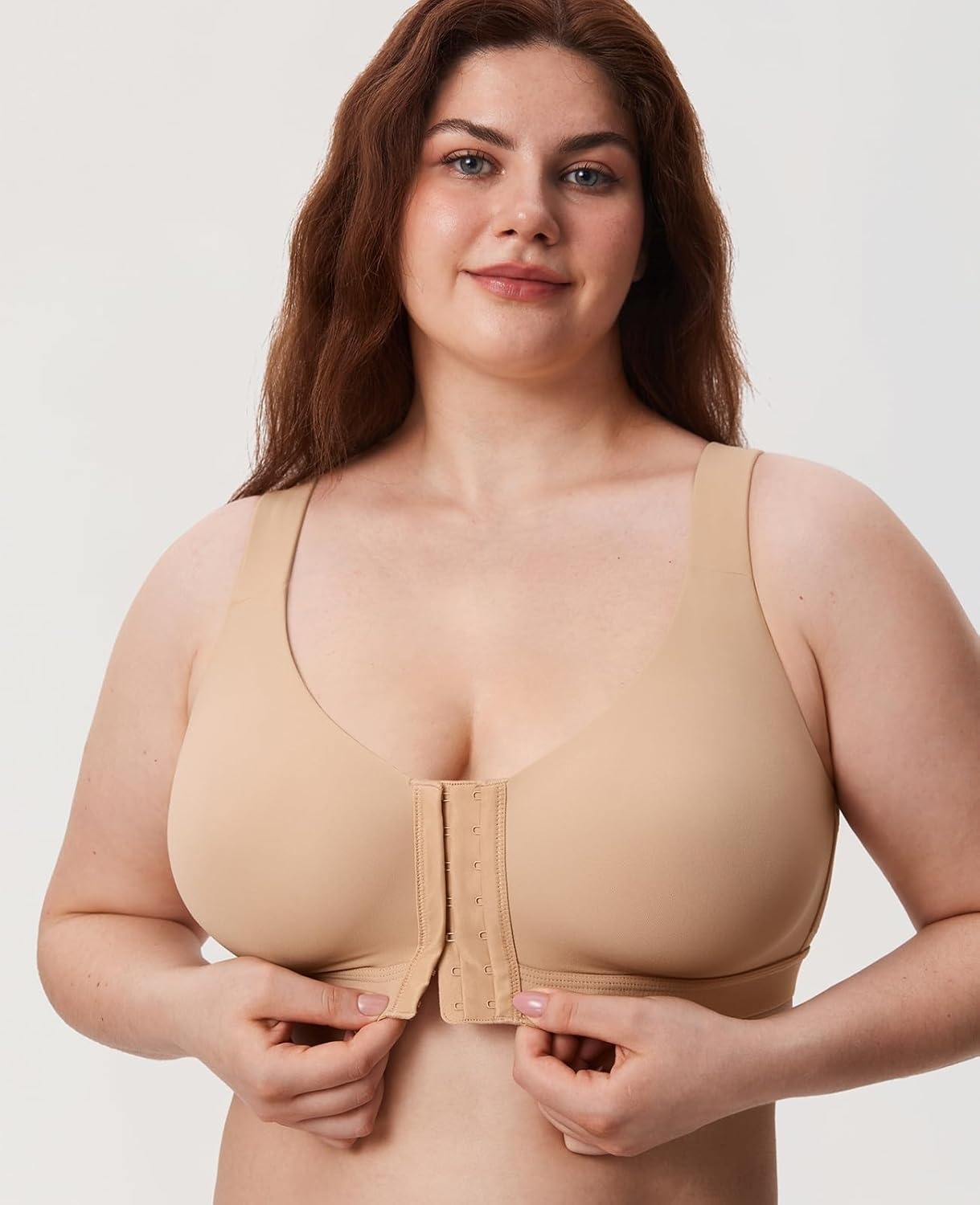image:imageDELIMIRA Womens Inbarely Plus Front Closure Bras Posture Wireless Full Coverage Plus Size Unlined BraWarm Beige