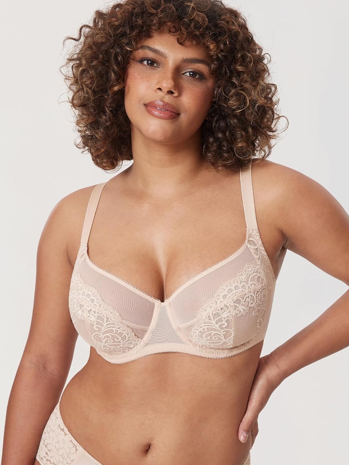 image:imageDELIMIRA Womens Lace Bra Plus Size Full Coverage Underwire Sexy Unlined BrasBeige