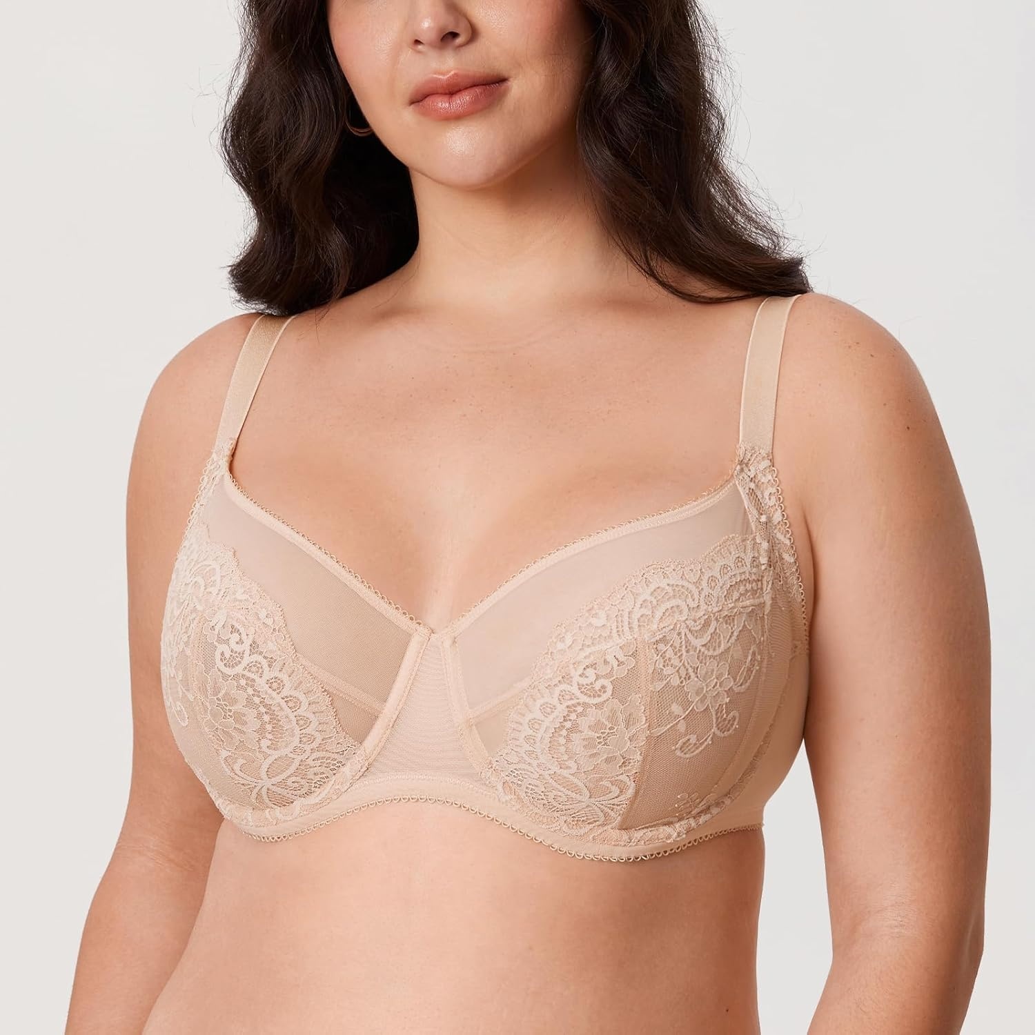 image:imageDELIMIRA Womens Lace Bra Plus Size Full Coverage Underwire Sexy Unlined BrasBeige