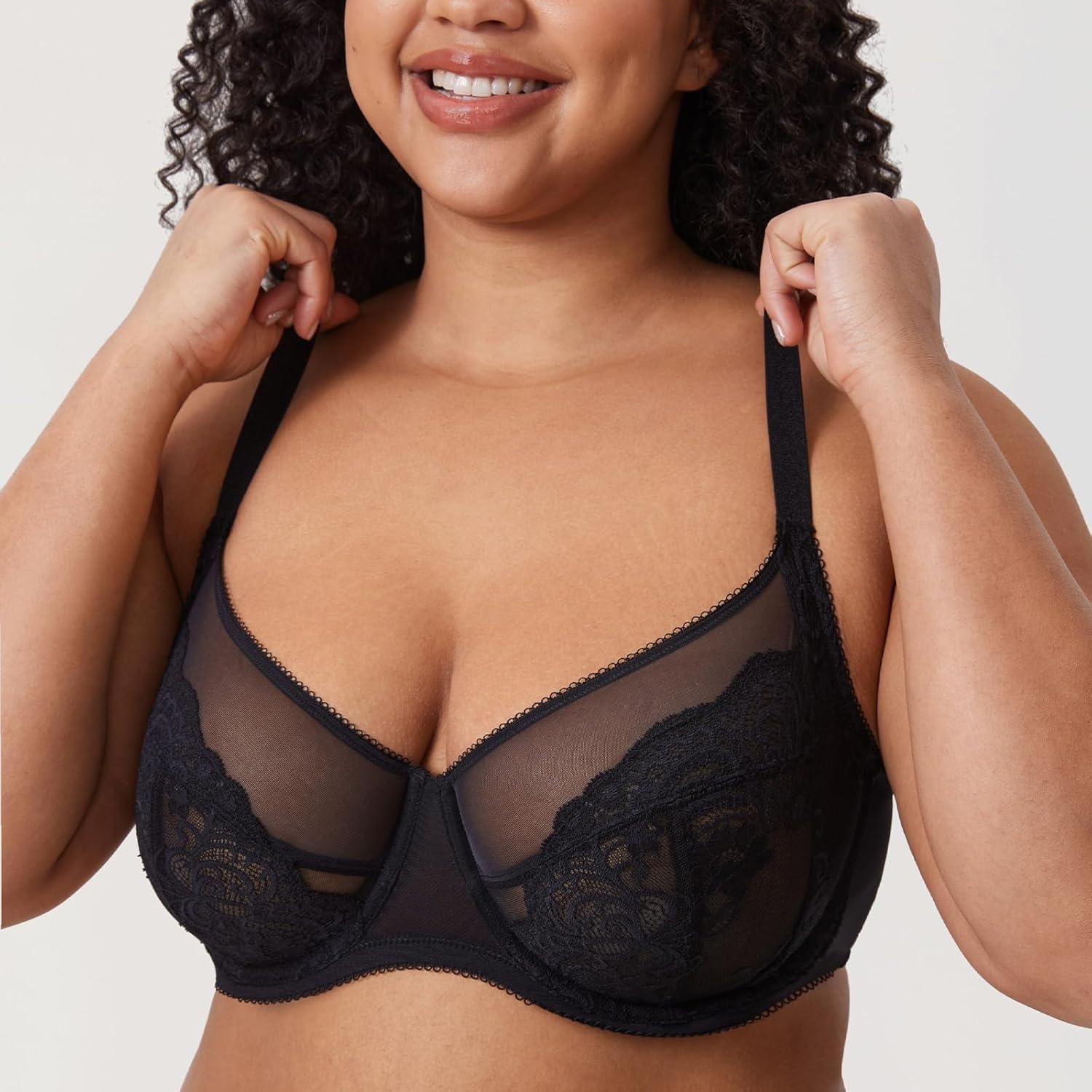 image:imageDELIMIRA Womens Lace Bra Plus Size Full Coverage Underwire Sexy Unlined BrasBlack