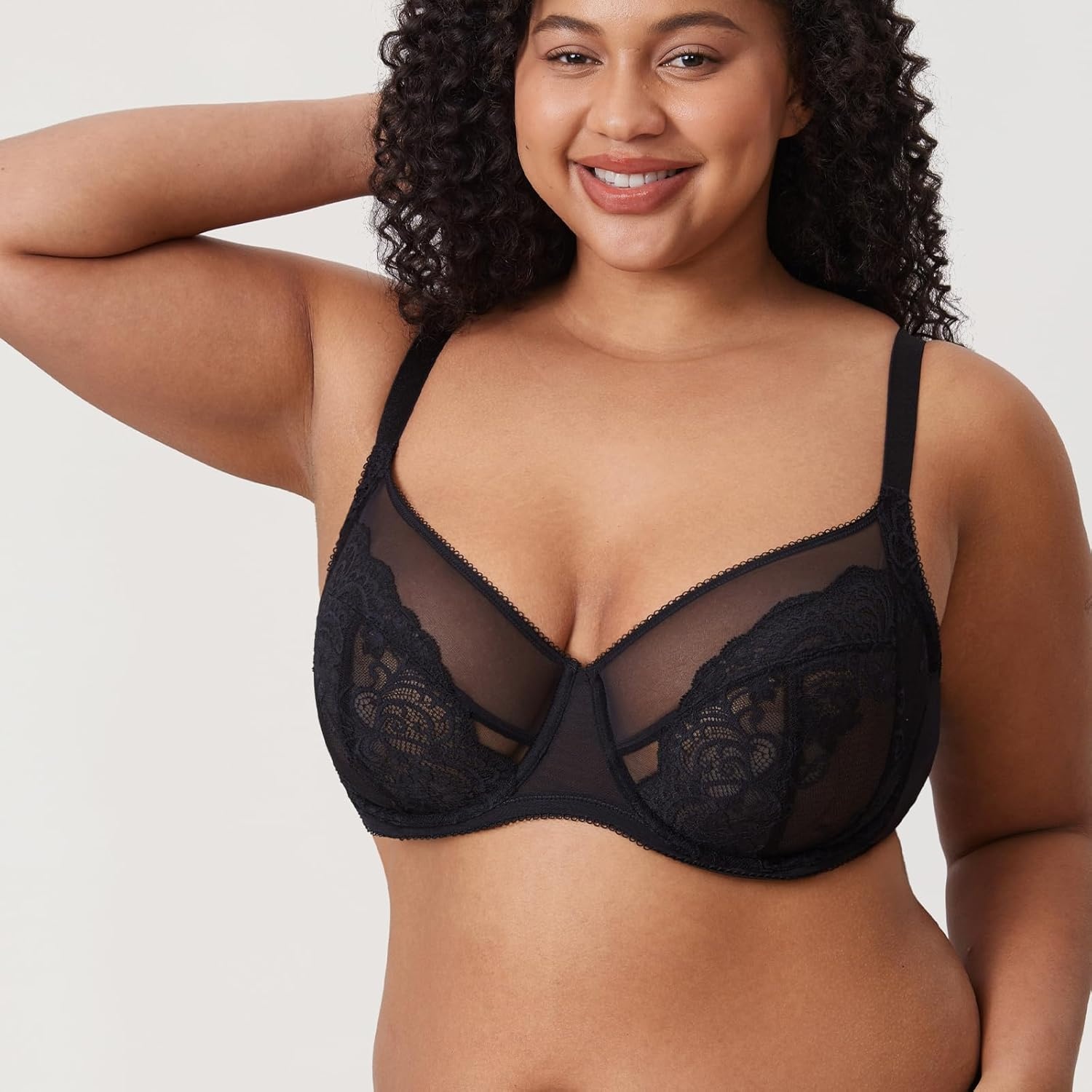 image:imageDELIMIRA Womens Lace Bra Plus Size Full Coverage Underwire Sexy Unlined BrasBlack
