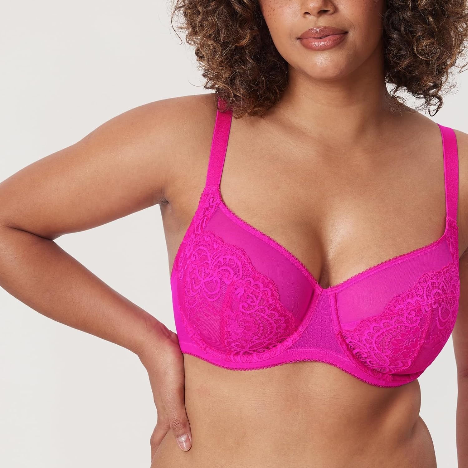 image:imageDELIMIRA Womens Lace Bra Plus Size Full Coverage Underwire Sexy Unlined BrasGlitter Pink