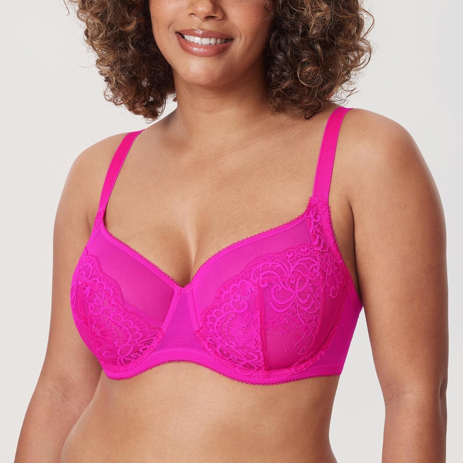 image:imageDELIMIRA Womens Lace Bra Plus Size Full Coverage Underwire Sexy Unlined BrasGlitter Pink