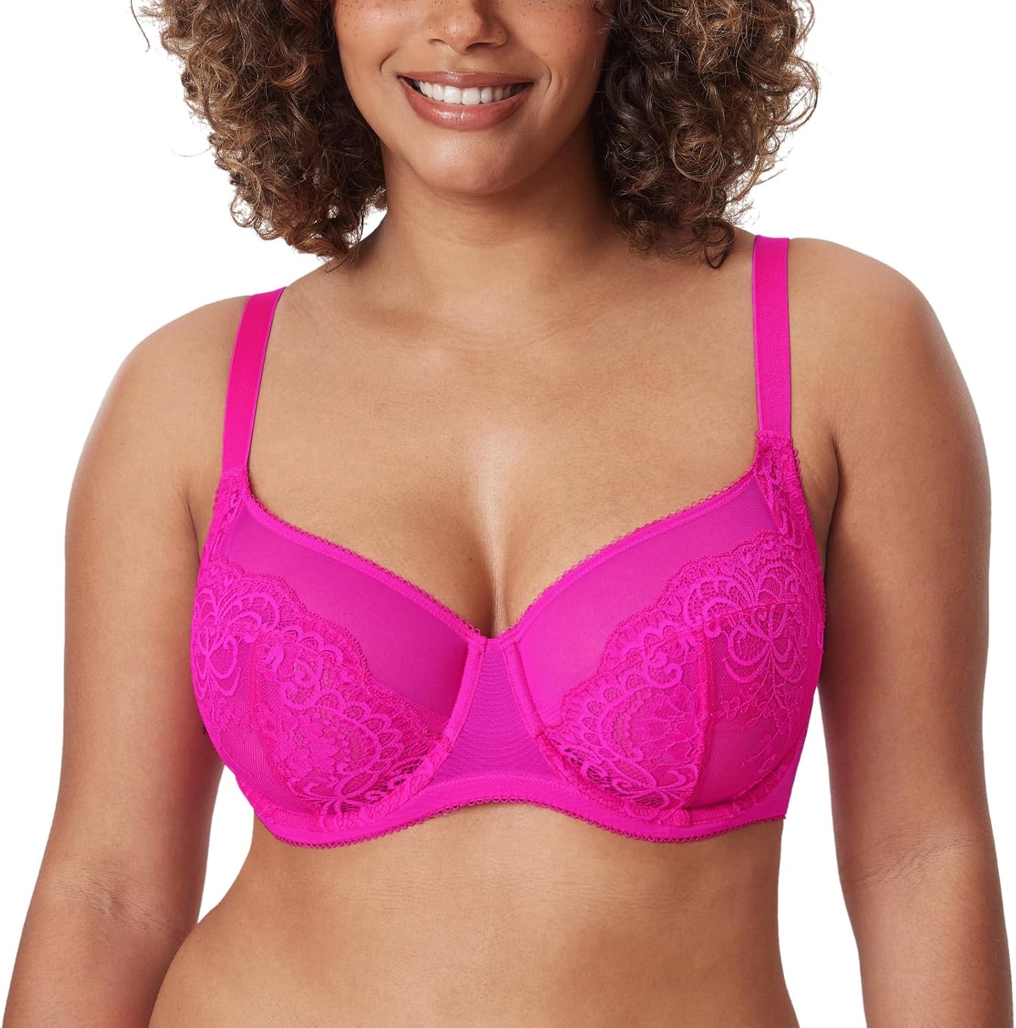 image:imageDELIMIRA Womens Lace Bra Plus Size Full Coverage Underwire Sexy Unlined BrasGlitter Pink