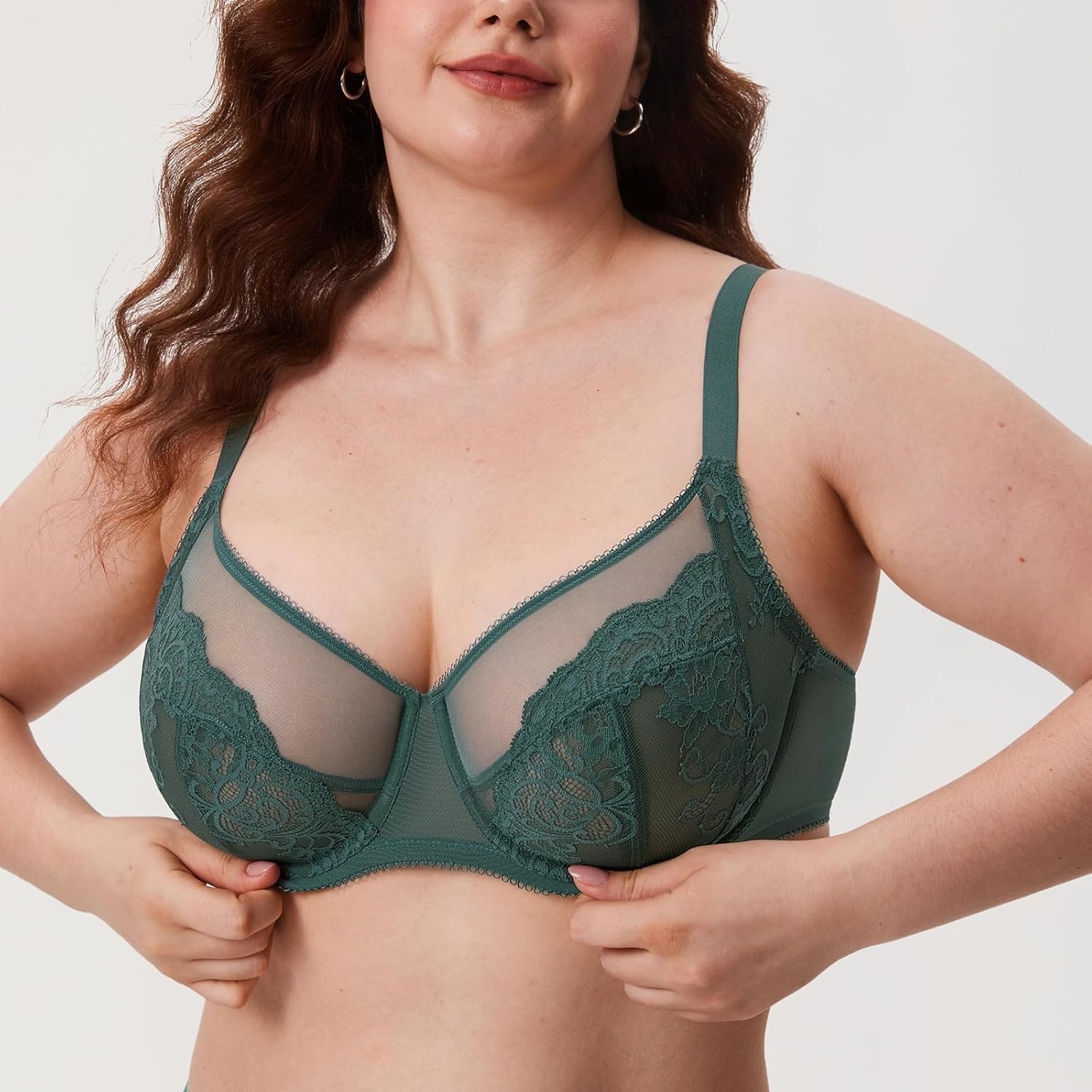 image:imageDELIMIRA Womens Lace Bra Plus Size Full Coverage Underwire Sexy Unlined BrasMidnight Emerald