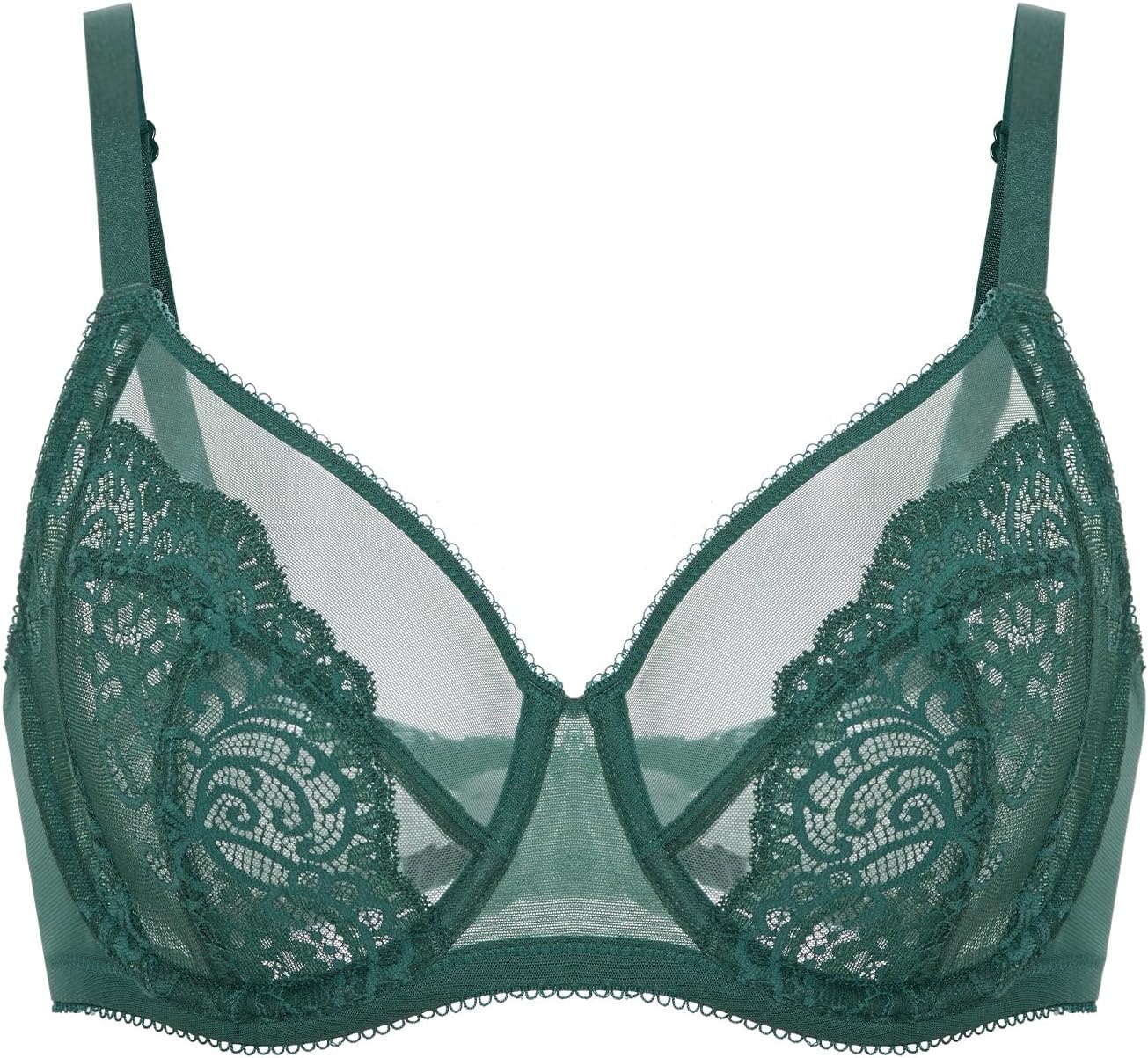 image:imageDELIMIRA Womens Lace Bra Plus Size Full Coverage Underwire Sexy Unlined BrasMidnight Emerald