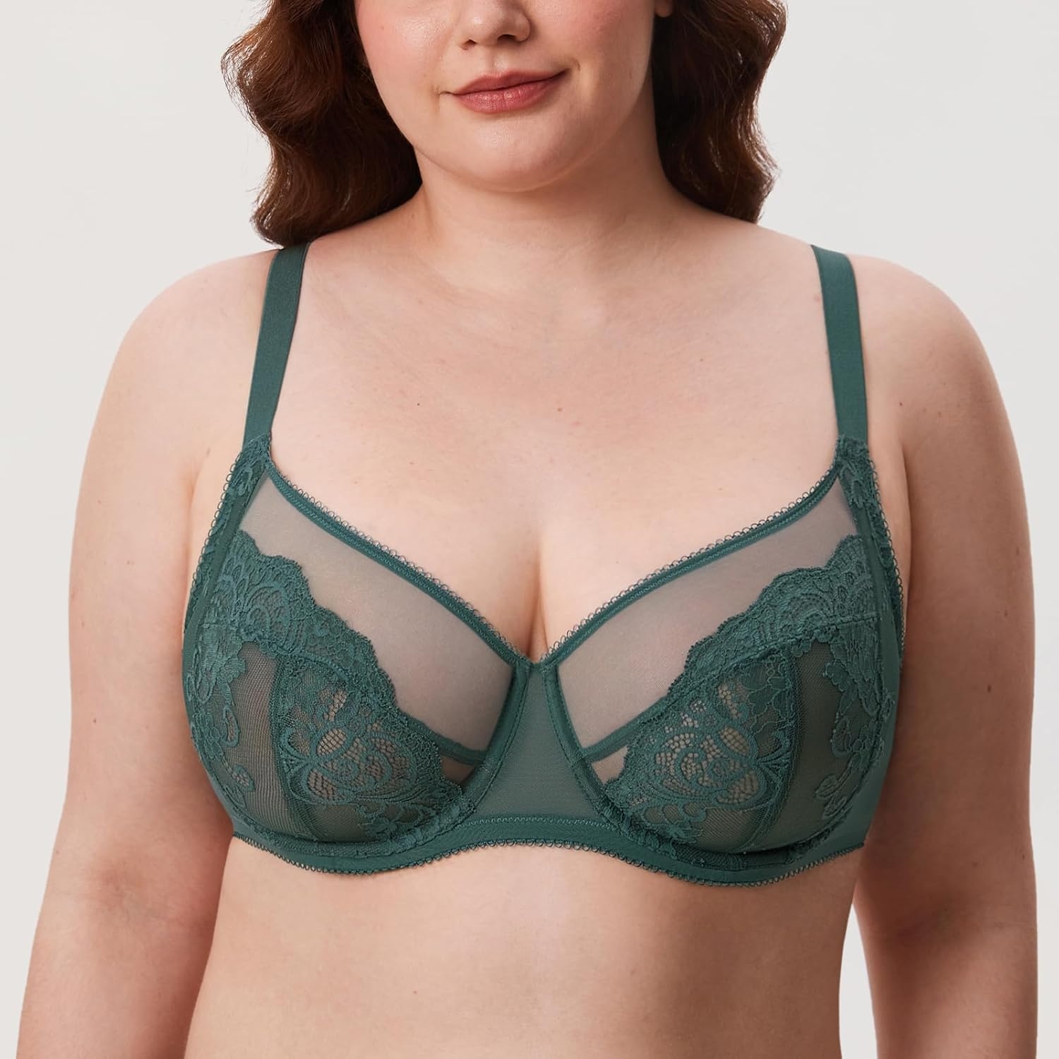 image:imageDELIMIRA Womens Lace Bra Plus Size Full Coverage Underwire Sexy Unlined BrasMidnight Emerald