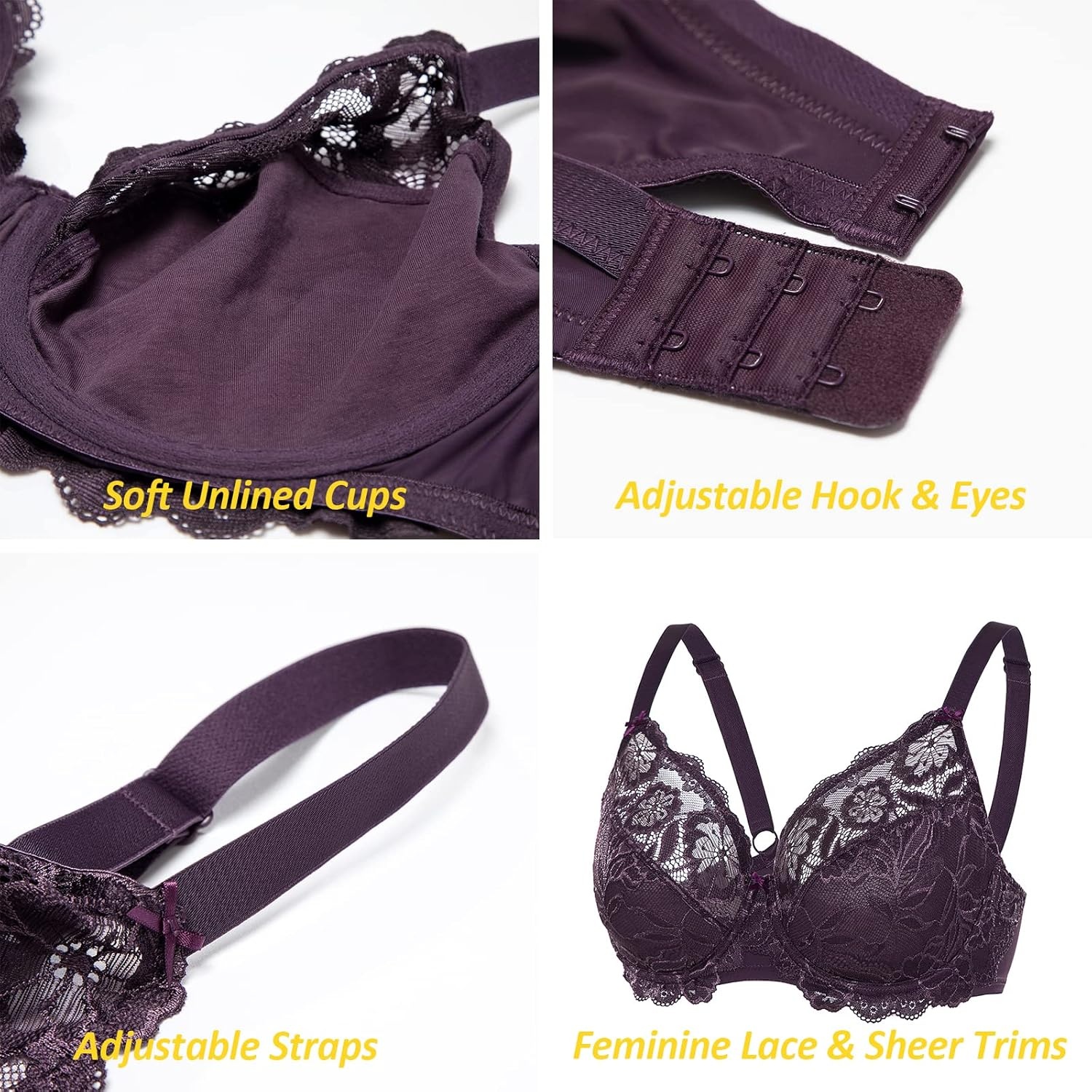 image:imageDELIMIRA Womens Plus Size Full Coverage Lace Underwire Unlined Bra Up to JDeep Plum