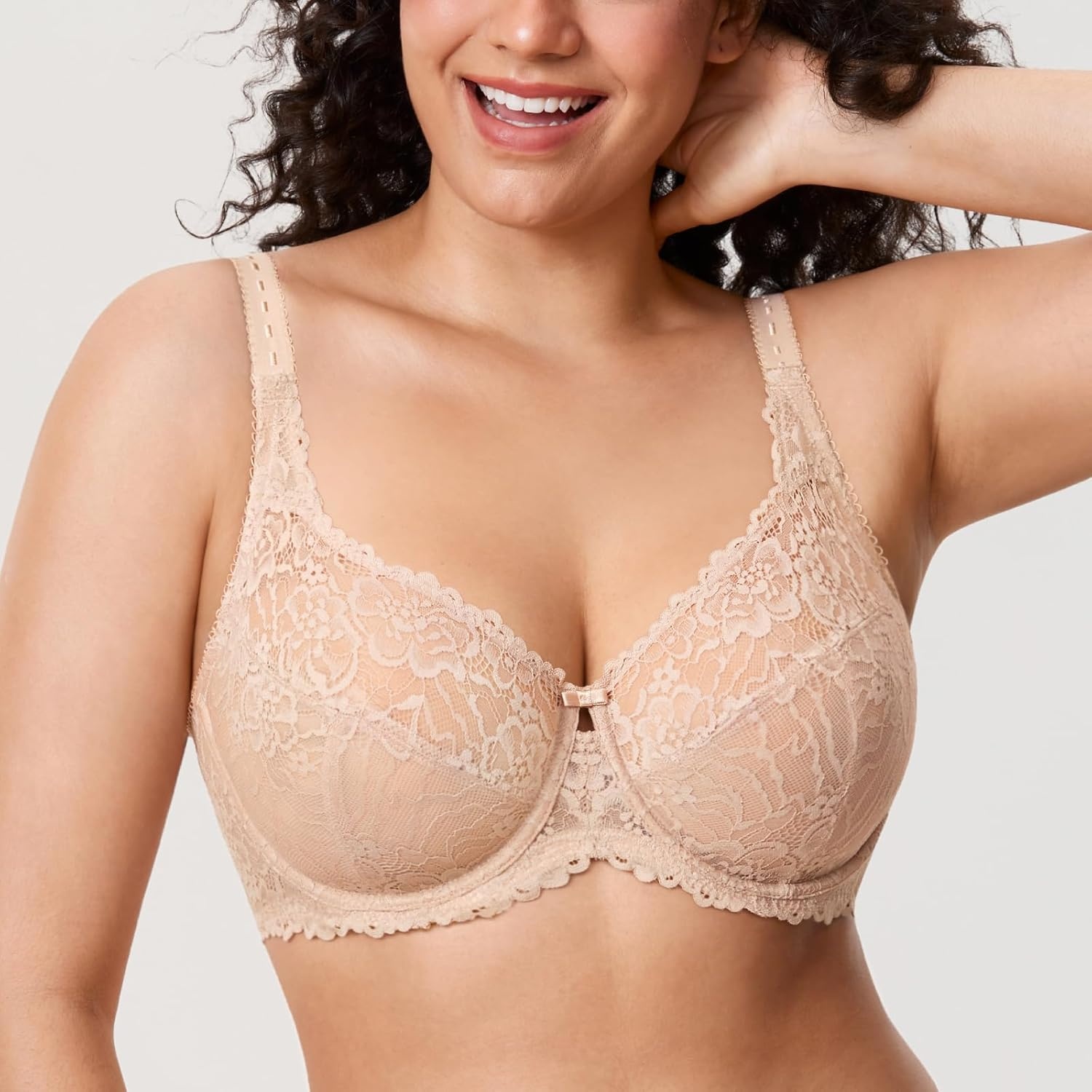 image:imageDELIMIRA Womens Plus Size Minimizer Bras Full Coverage Lace Unlined Underwire Bra BK CupsBeige
