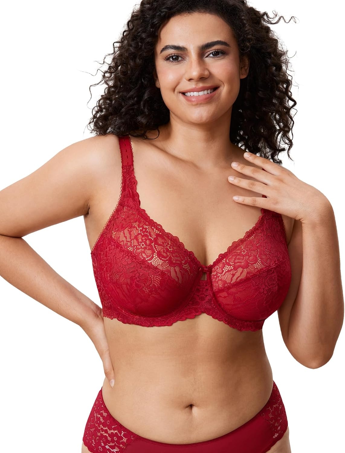 image:imageDELIMIRA Womens Plus Size Minimizer Bras Full Coverage Lace Unlined Underwire Bra BK CupsDark Red