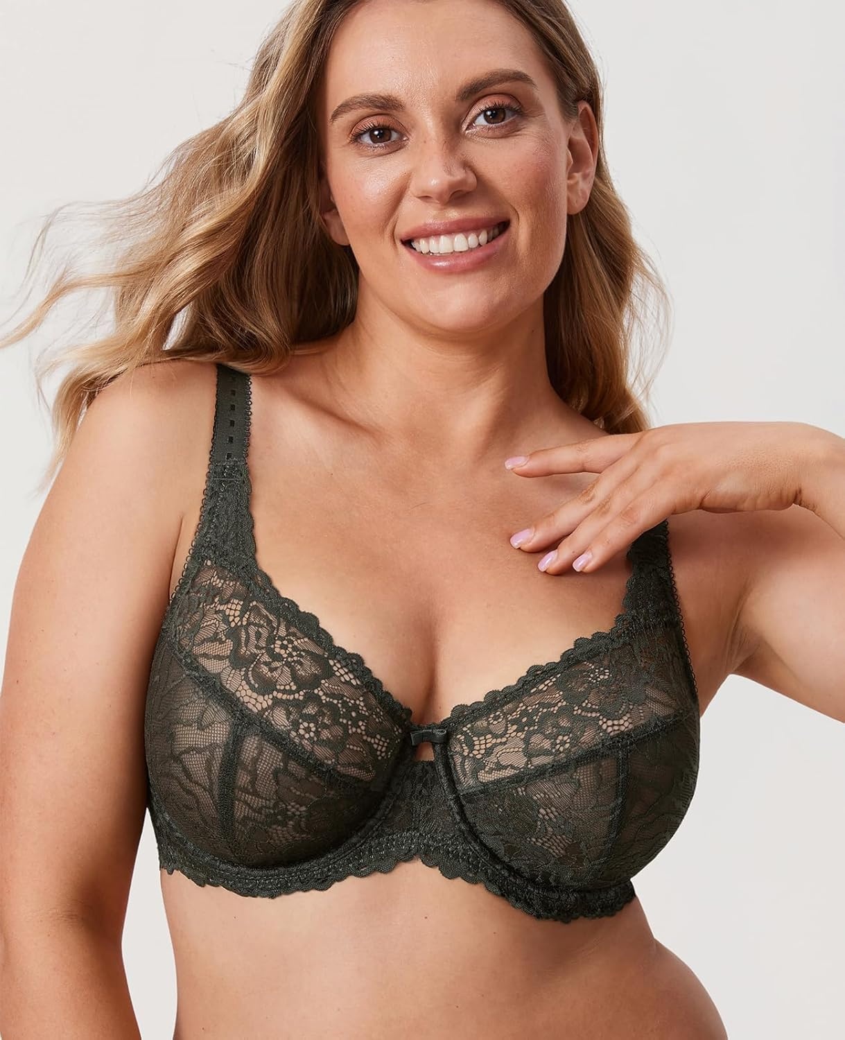 image:imageDELIMIRA Womens Plus Size Minimizer Bras Full Coverage Lace Unlined Underwire Bra BK CupsOlive Green