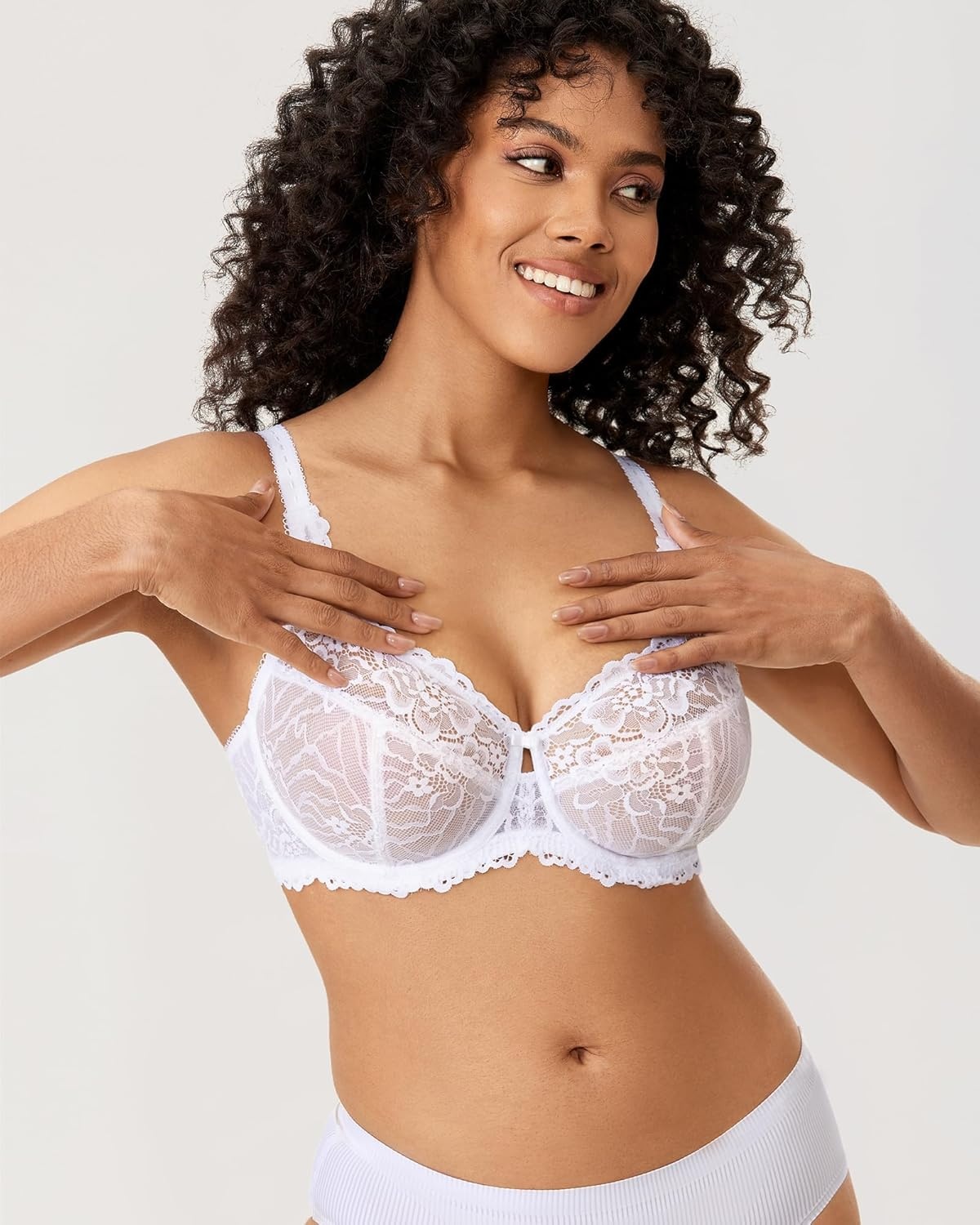 image:imageDELIMIRA Womens Plus Size Minimizer Bras Full Coverage Lace Unlined Underwire Bra BK CupsWhite