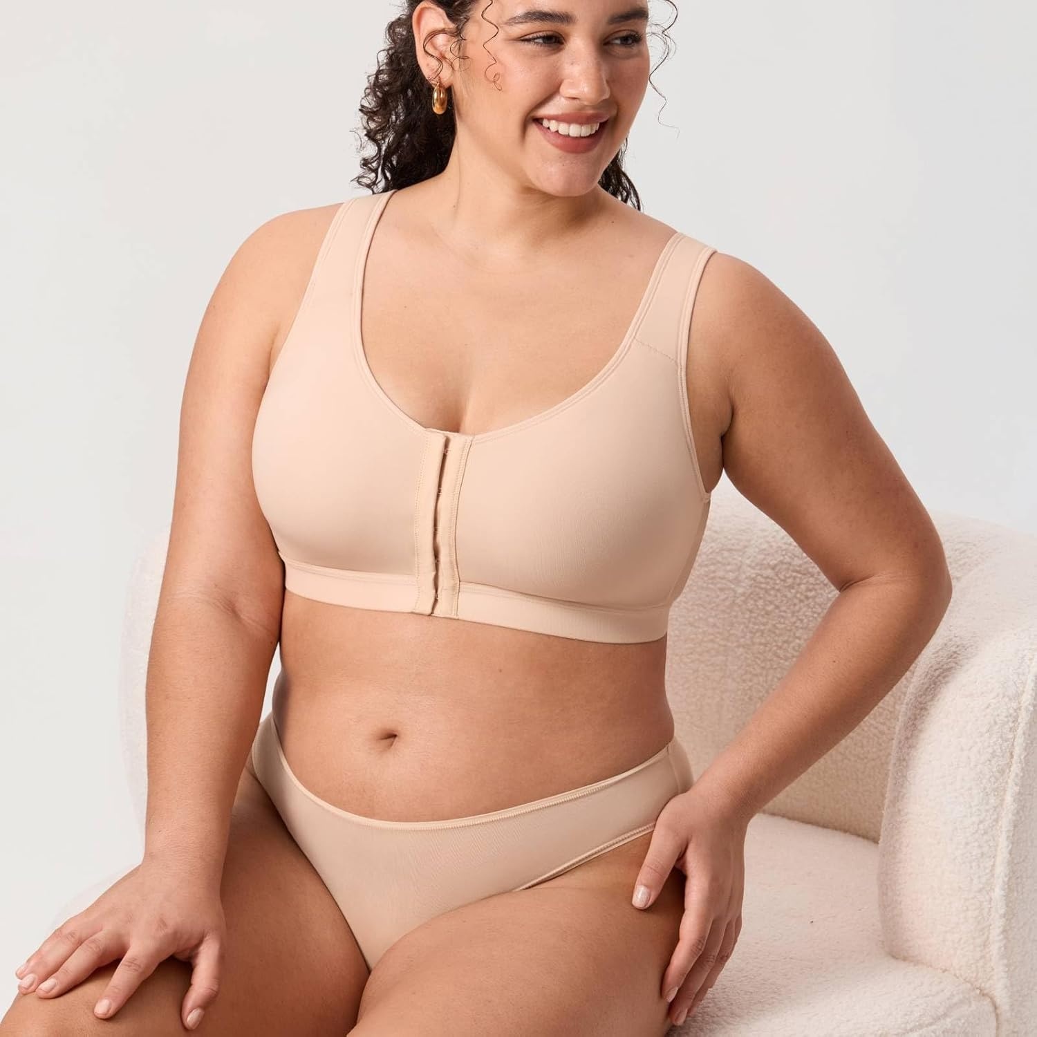 image:imageDELIMIRA Womens Posture Bra Front Closure Lightly Padded Plus Size Wireless Full Coverage No Underwire BrasBeige