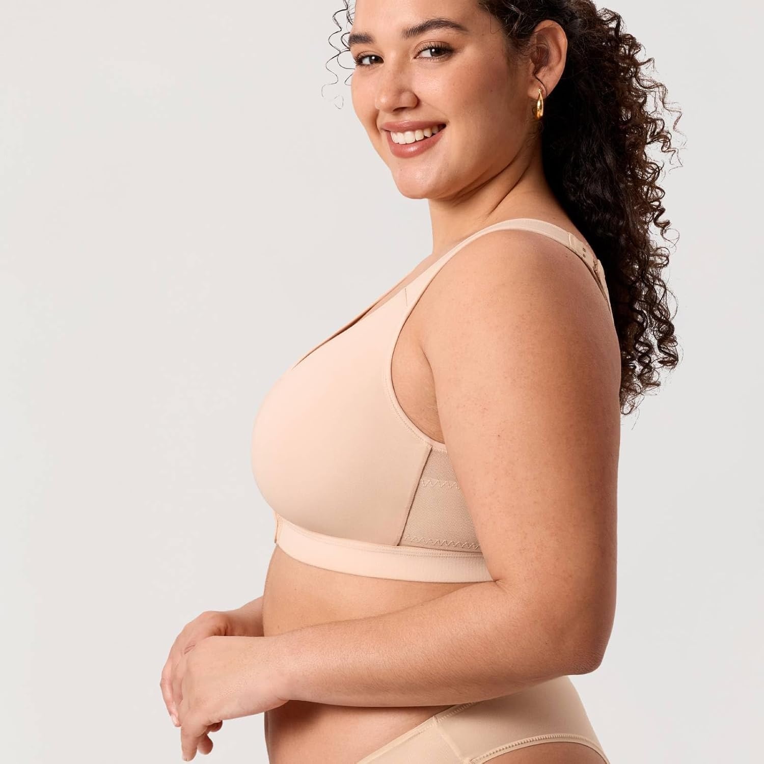image:imageDELIMIRA Womens Posture Bra Front Closure Lightly Padded Plus Size Wireless Full Coverage No Underwire BrasBeige