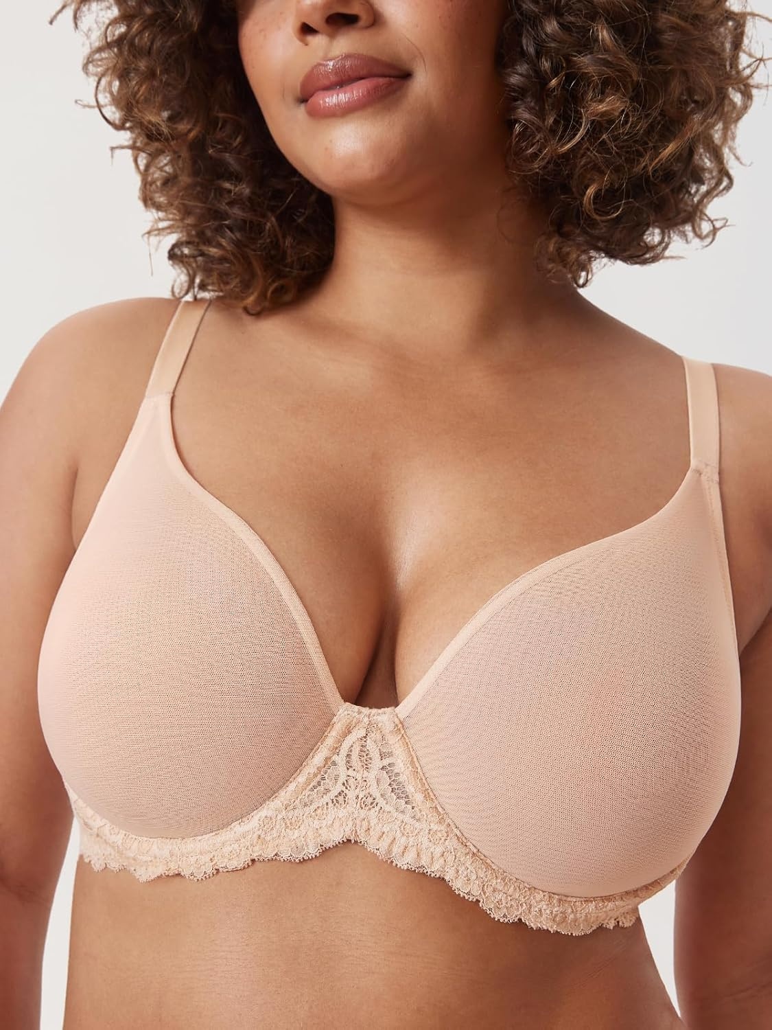 image:imageDELIMIRA Womens Sheer Mesh Bra See Through Plus Size Sexy Full Coverage Underwire Unlined BrasBeige
