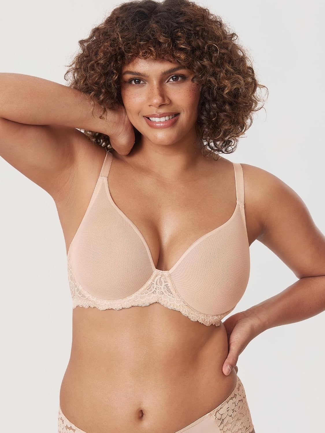 image:imageDELIMIRA Womens Sheer Mesh Bra See Through Plus Size Sexy Full Coverage Underwire Unlined BrasBeige
