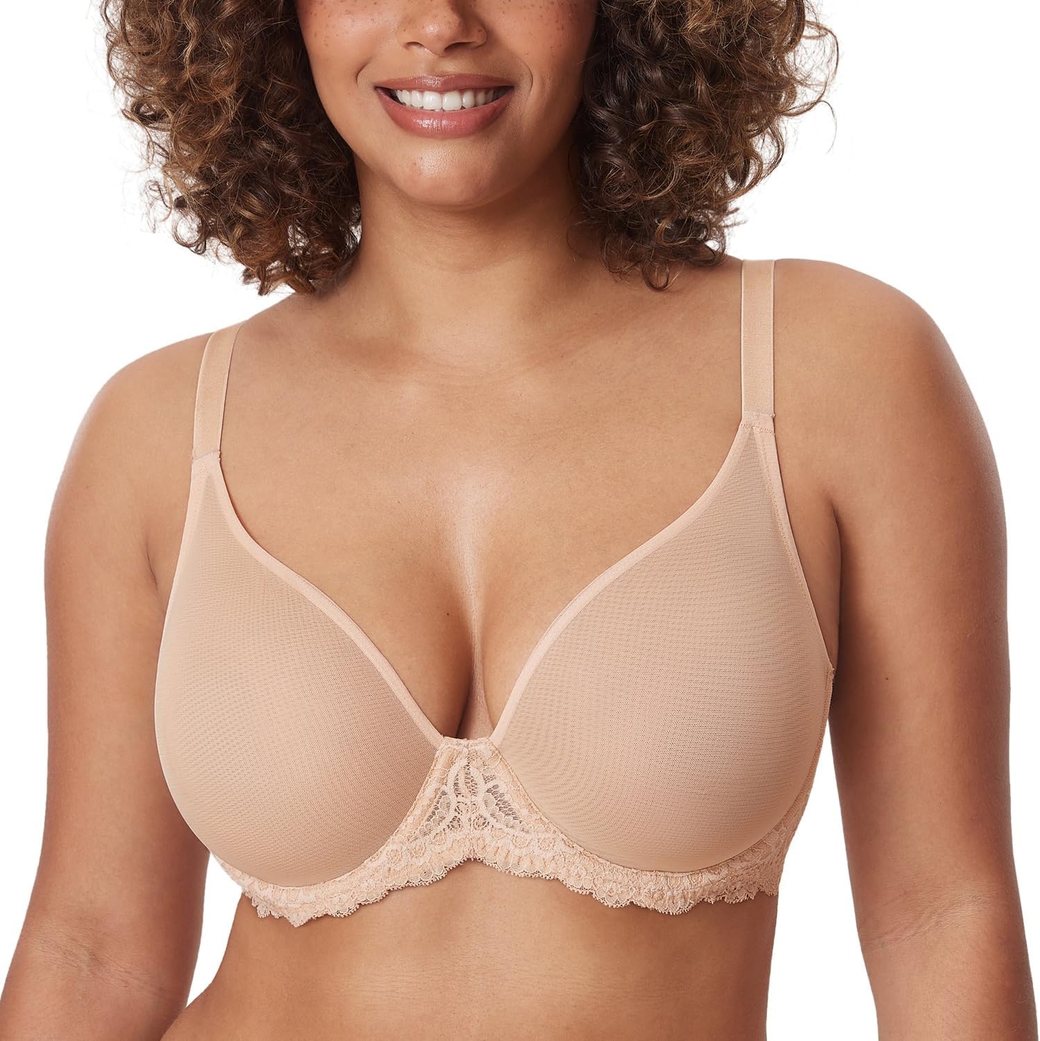 image:imageDELIMIRA Womens Sheer Mesh Bra See Through Plus Size Sexy Full Coverage Underwire Unlined BrasBeige