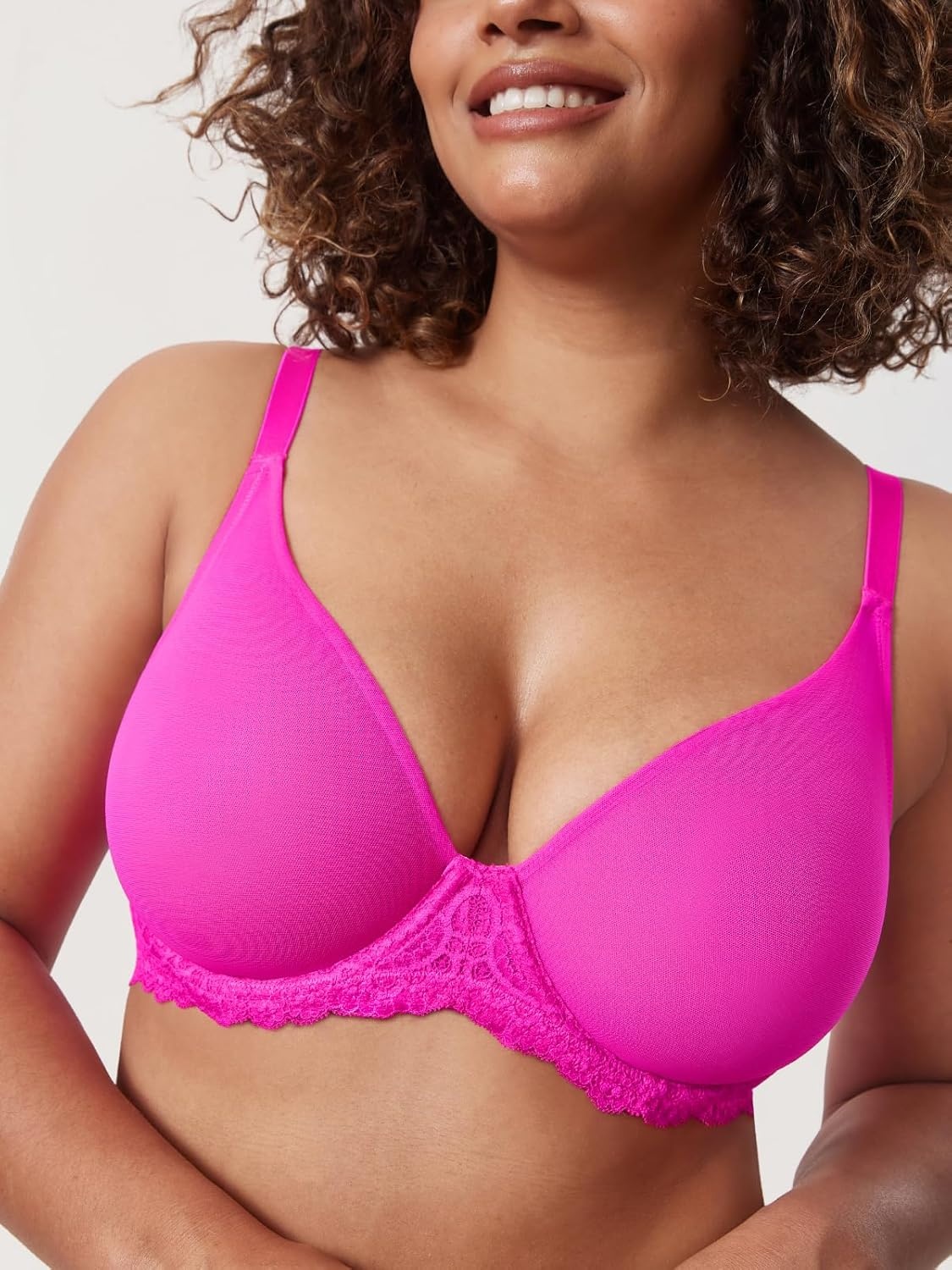 image:imageDELIMIRA Womens Sheer Mesh Bra See Through Plus Size Sexy Full Coverage Underwire Unlined BrasGlitter Pink