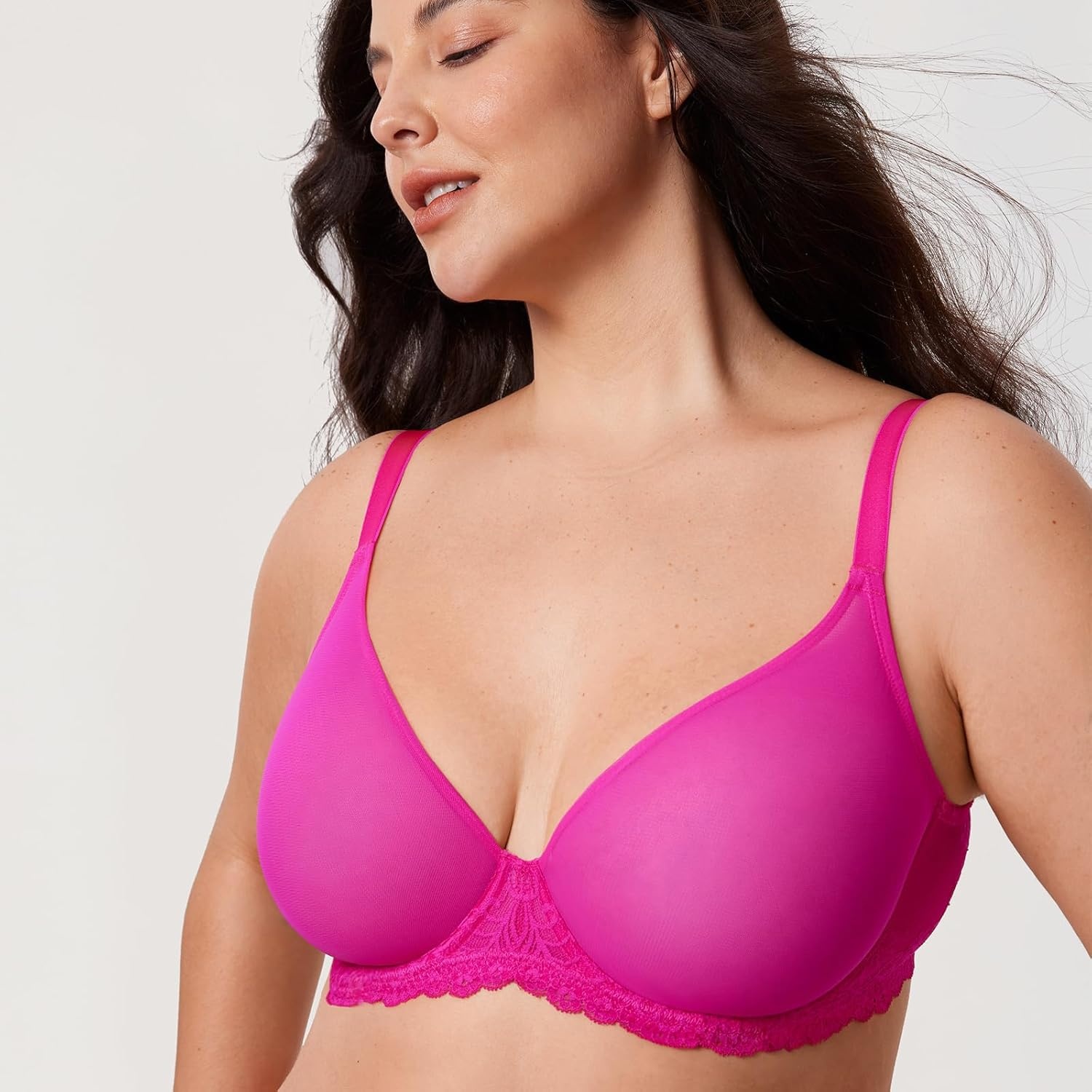 image:imageDELIMIRA Womens Sheer Mesh Bra See Through Plus Size Sexy Full Coverage Underwire Unlined BrasGlitter Pink