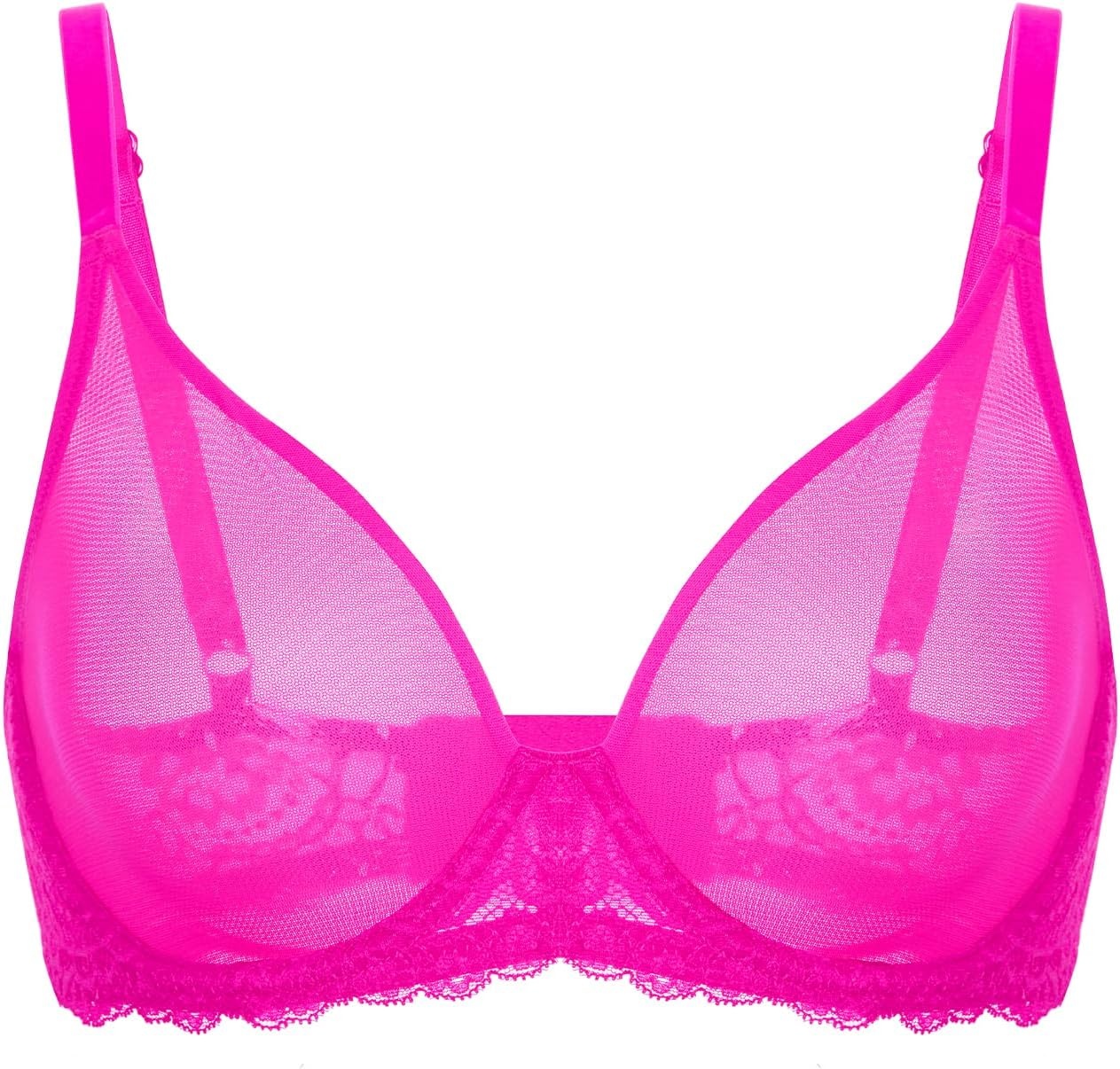 image:imageDELIMIRA Womens Sheer Mesh Bra See Through Plus Size Sexy Full Coverage Underwire Unlined BrasGlitter Pink