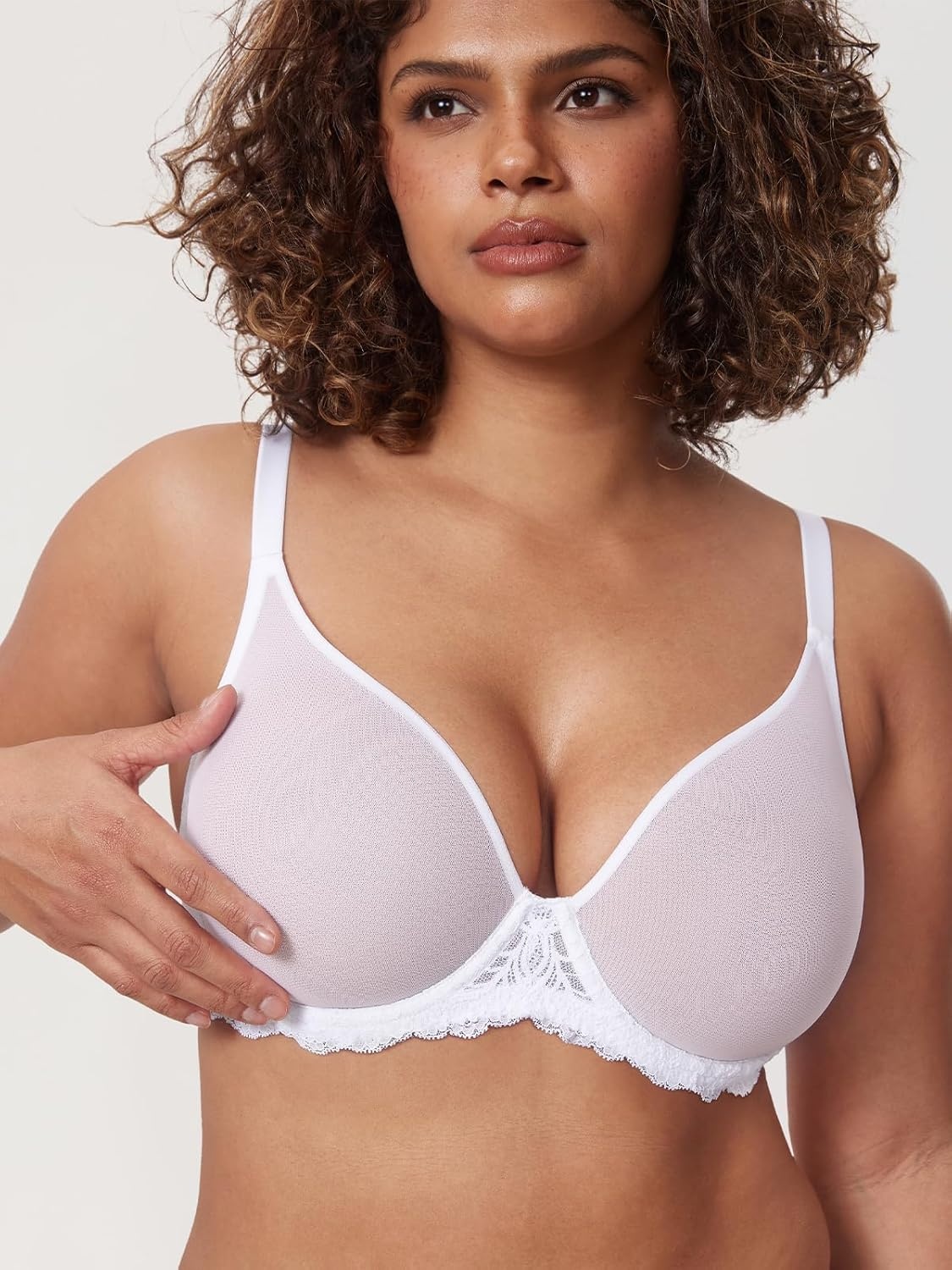 image:imageDELIMIRA Womens Sheer Mesh Bra See Through Plus Size Sexy Full Coverage Underwire Unlined BrasWhite