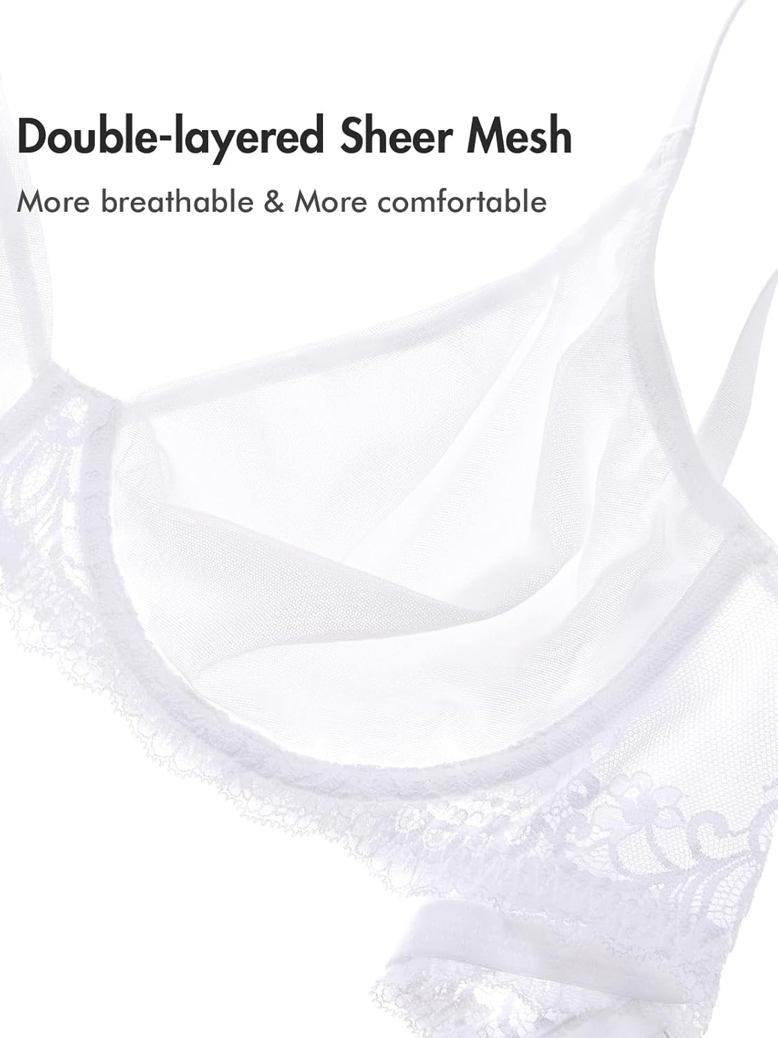 image:imageDELIMIRA Womens Sheer Mesh Bra See Through Plus Size Sexy Full Coverage Underwire Unlined BrasWhite