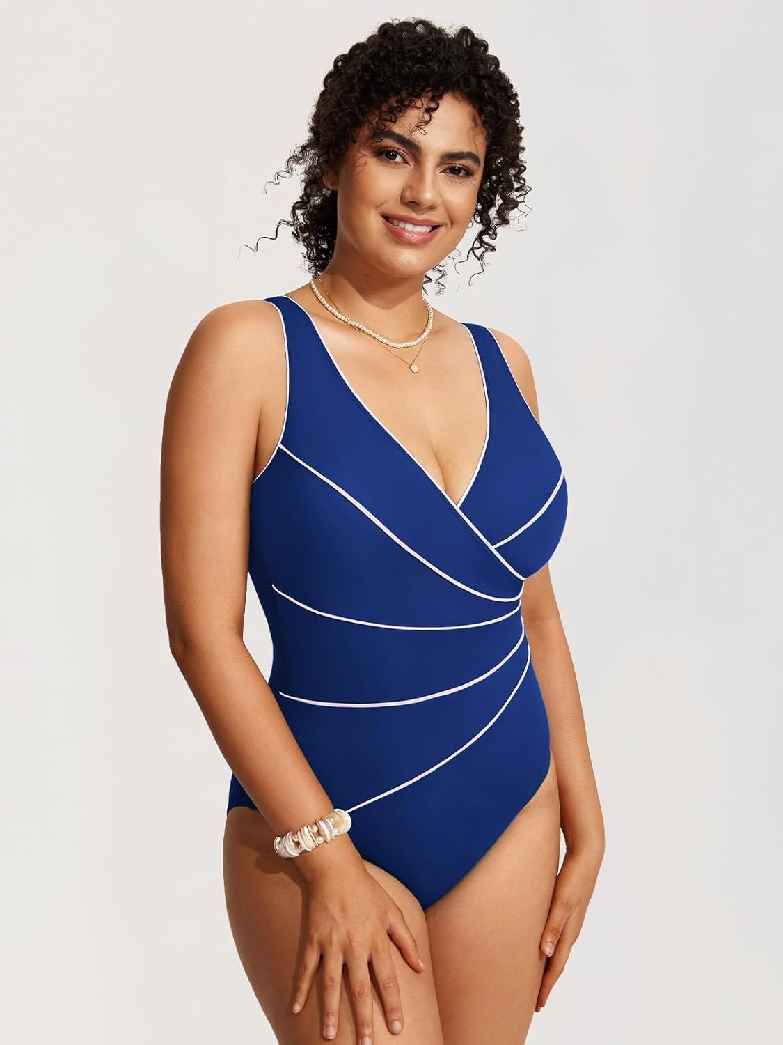 image:imageDELIMIRA Womens Slimming Swimwear One Piece Piped Swimsuit Plus Size Bathing SuitWaves Blue