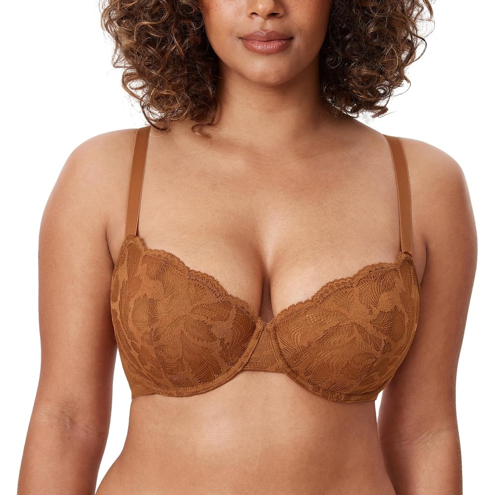 image:imageDELIMIRA Womens Balconette Bra Plus Size Lace Sexy Underwire Unlined Push Up See Through BrasBronze Beige