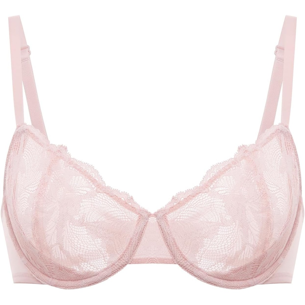 image:imageDELIMIRA Womens Balconette Bra Plus Size Lace Sexy Underwire Unlined Push Up See Through BrasGentle Rose