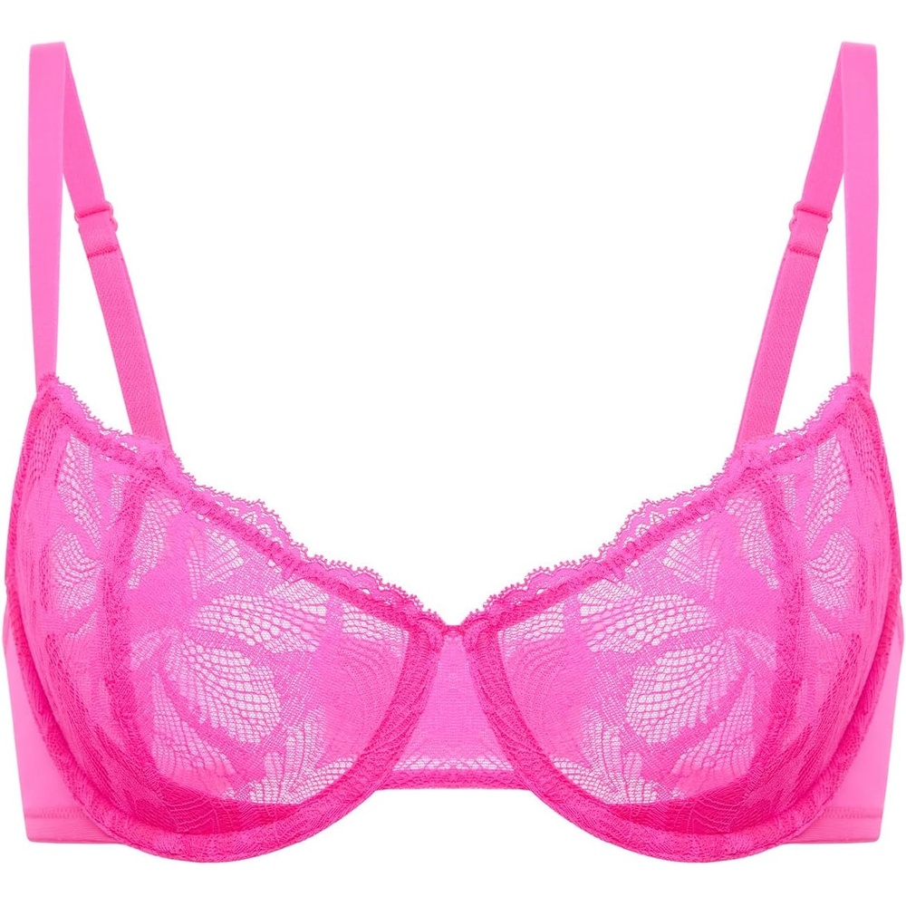 image:imageDELIMIRA Womens Balconette Bra Plus Size Lace Sexy Underwire Unlined Push Up See Through BrasGlitter Rose