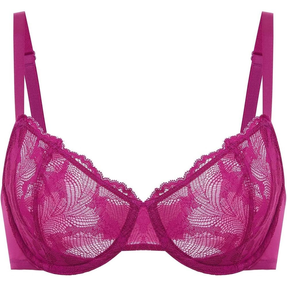 image:imageDELIMIRA Womens Balconette Bra Plus Size Lace Sexy Underwire Unlined Push Up See Through BrasMagenta Purple